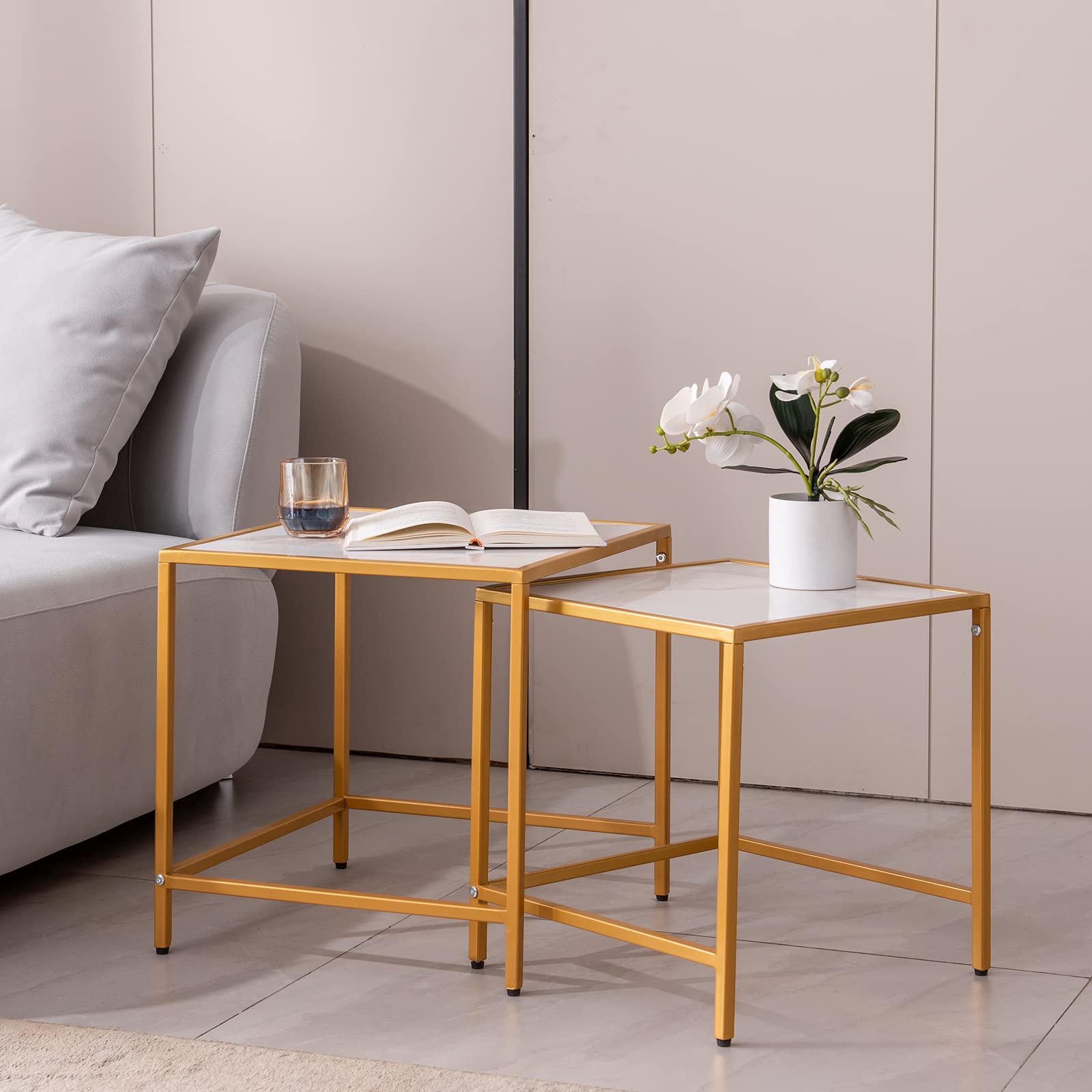 Modern Nesting Coffee Table Set - Sintered Stone Top & Marble Texture Accent Side Tables for Living Room, Bedroom, Balcony - Gold Finish | Perfect for Small Spaces, Home Decor, and Coffee Lovers