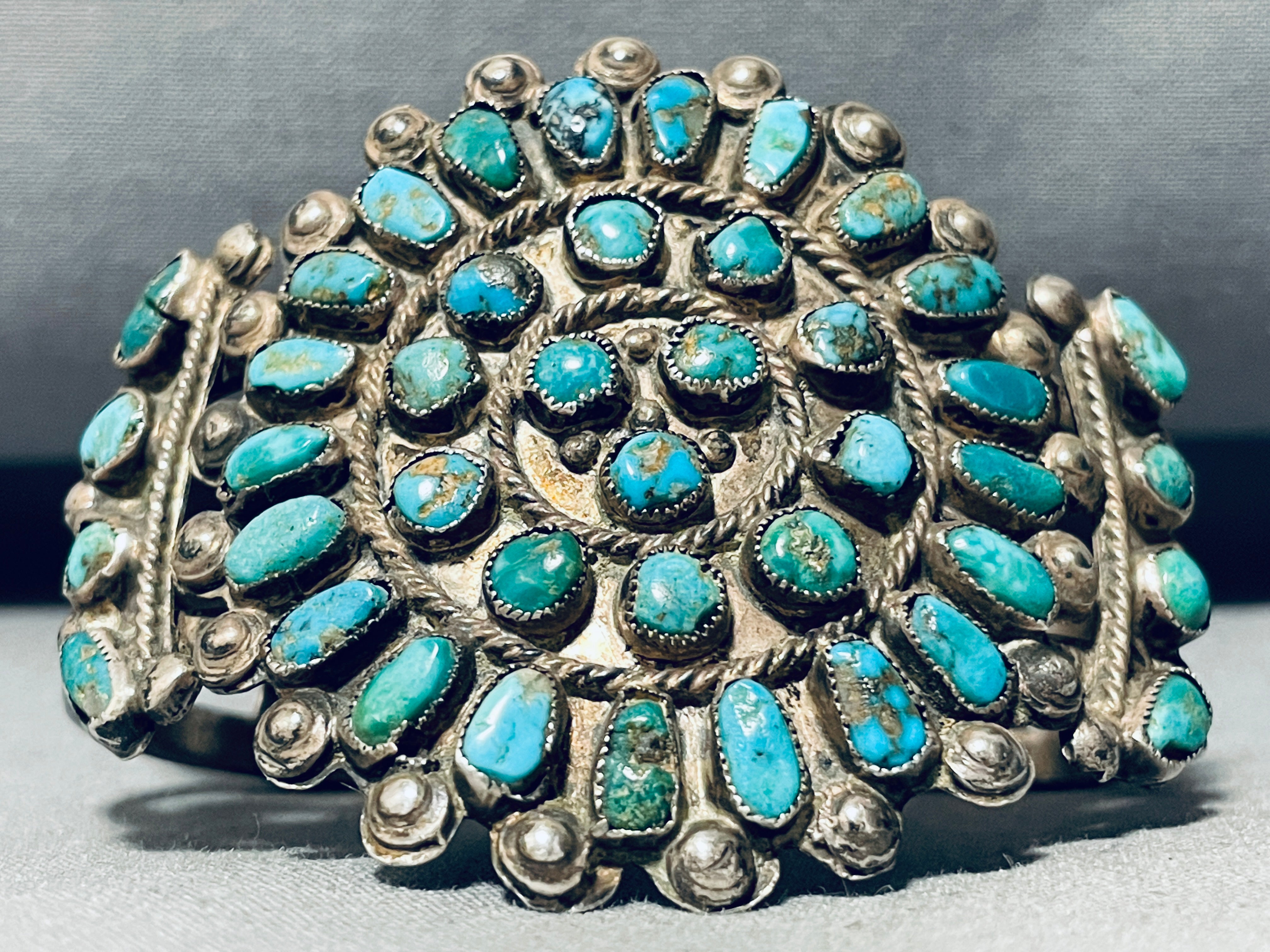 Vintage 1940s Navajo Native American Turquoise Sterling Silver Cluster Bracelet - Handmade Southwest Jewelry for Women, Boho Fashion & Tribal Style Accessories