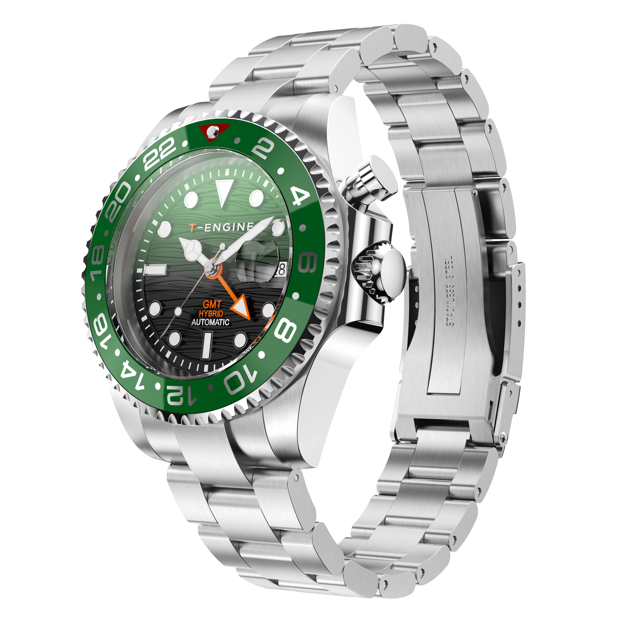 T-ENGINE GMT Men's Waterproof Watch - 10 ATM, Dual Time, Automatic Charging, Stainless Steel 43mm Quartz Watch for Business Travel & Outdoor Adventures