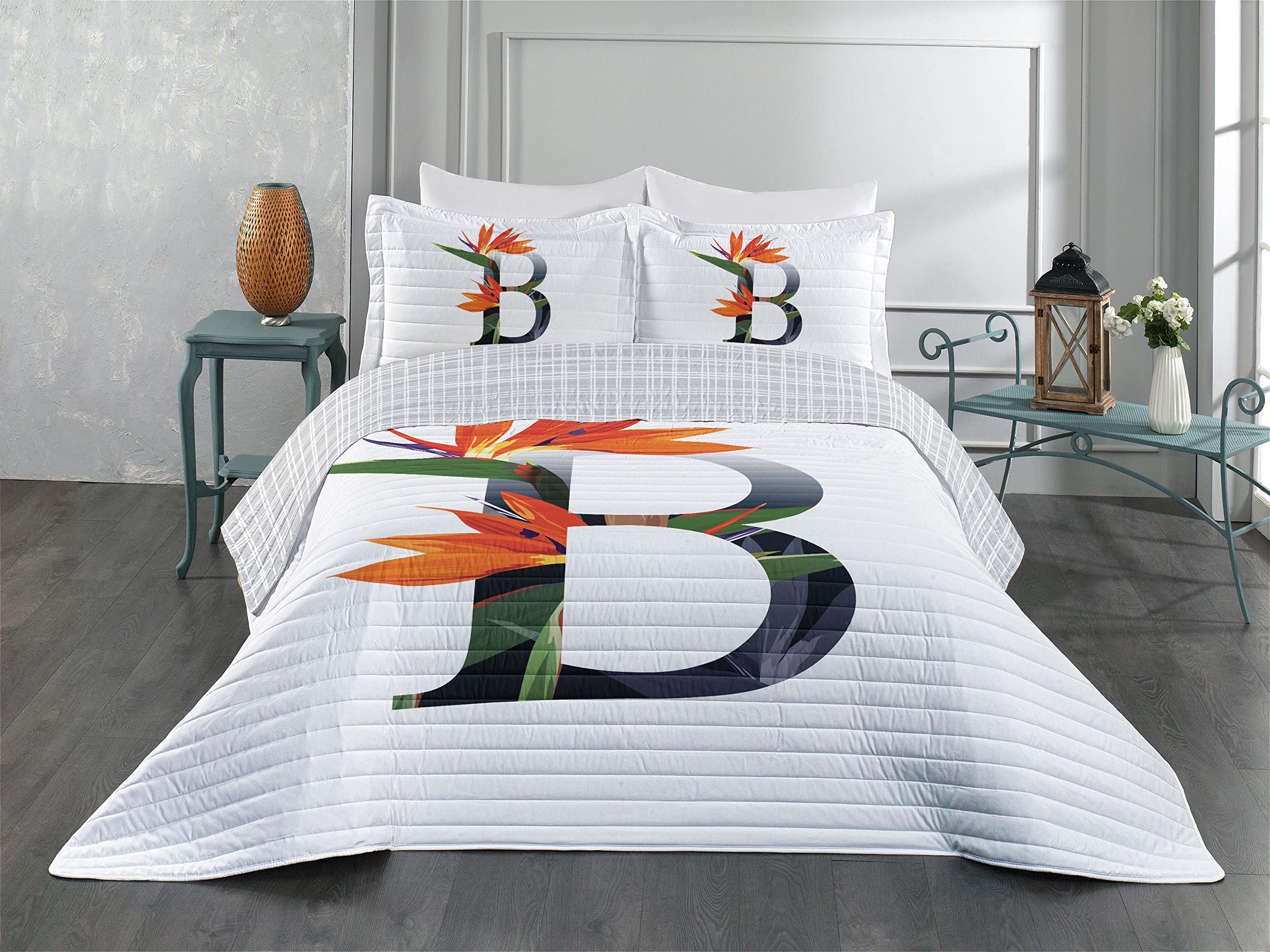 Ambesonne Letter B Reversible Queen Size Bedspread Set - Bird of Paradise Floral Alphabet Print Microfiber Comforter with Pillow Shams in Orange, Green & Grey | Bohemian Bedroom Decor, Dorm Room Essentials, Gift for College Students
