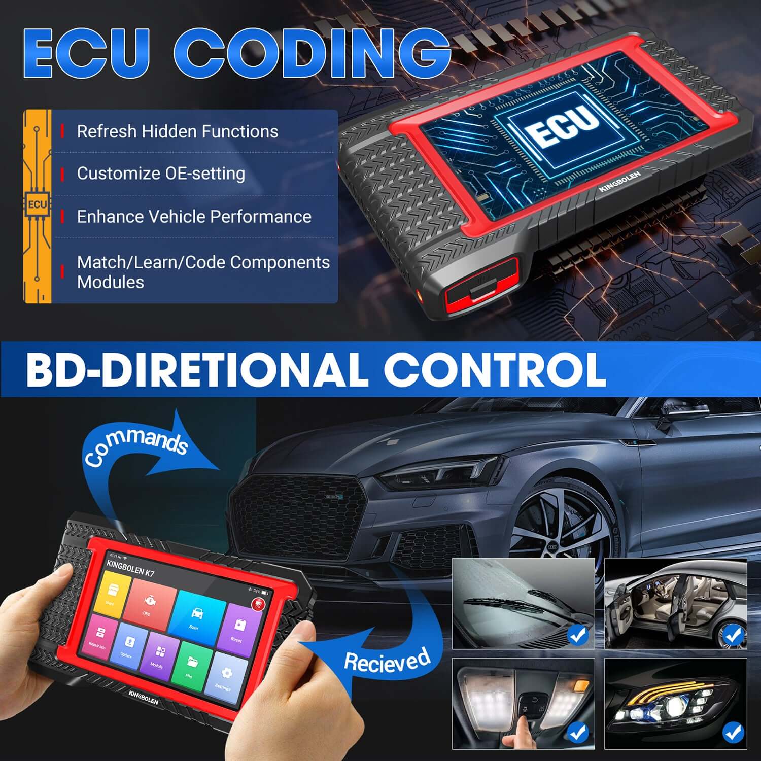KINGBOLEN® K7 Bidirectional OBD2 Scanner - Bluetooth Diagnostic Tool for All Systems with 3 Years Free Updates | Car Engine Code Reader for Mechanics & DIY Auto Repair