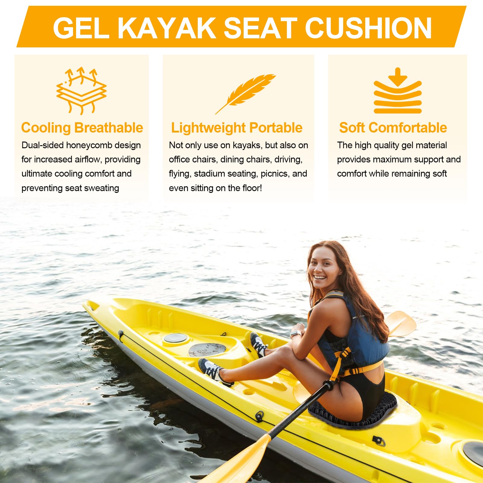 Anti-Slip Kayak Seat Cushion - Thick Waterproof Gel Seat Pad with Non-Slip Cover for Sit-In Kayak, Inflatable Kayak, Canoe & Boat | Comfortable Fishing & Water Sports Accessories for Outdoor Adventures