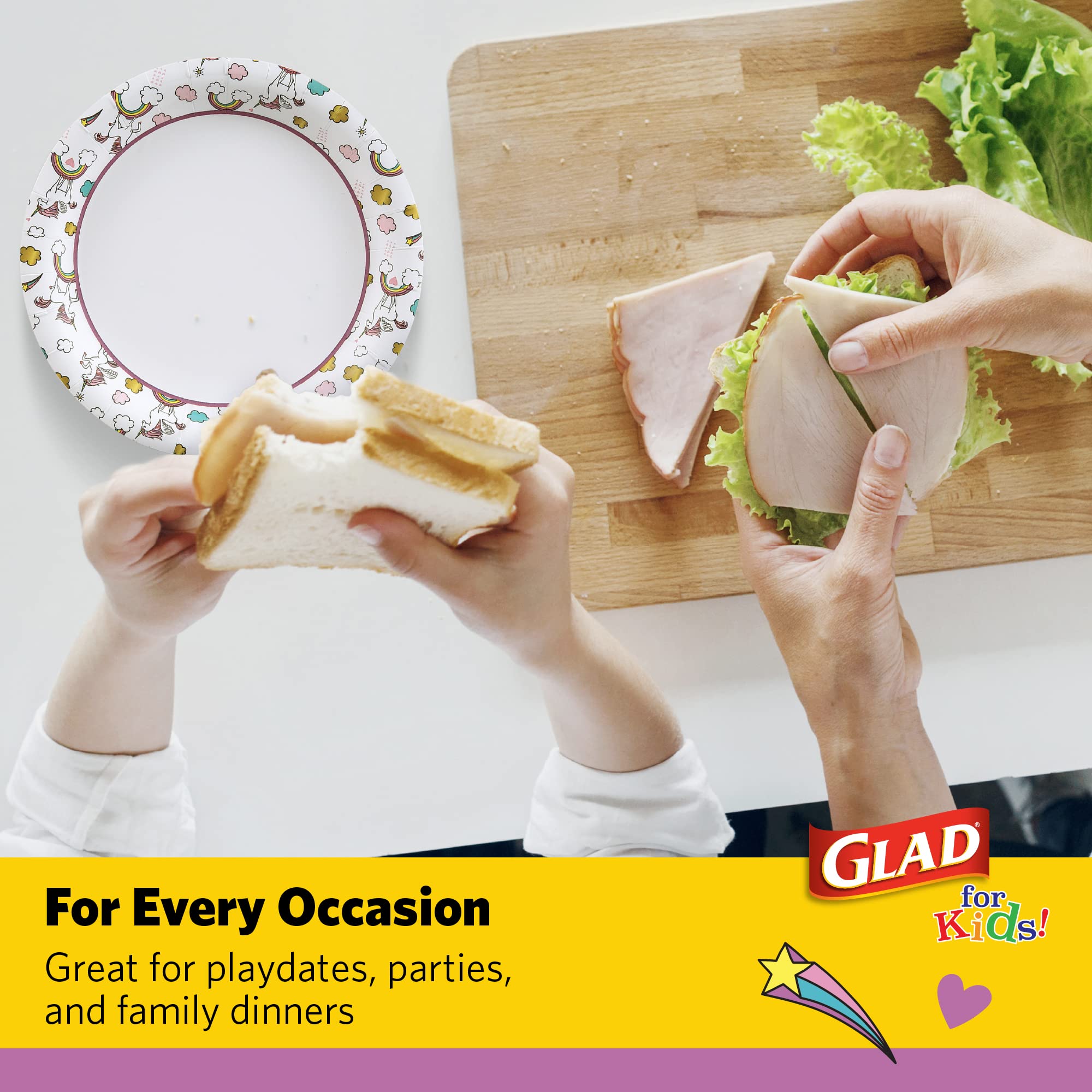 Glad for Kids Unicorns Paper Plates - 8.5 Inch Heavy Duty Disposable Plates with Cute Unicorn Design | Soak Proof & Microwavable Round Paper Plates for Birthday Parties, Picnics & Family Gatherings | 20 Count (Pack of 6)