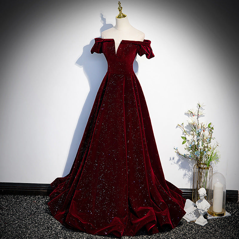 Elegant Off Shoulder Burgundy Long Prom Dress - A-Line Velvet Shiny Evening Gown for Women | Perfect for Homecoming, Formal Dances & Special Occasions