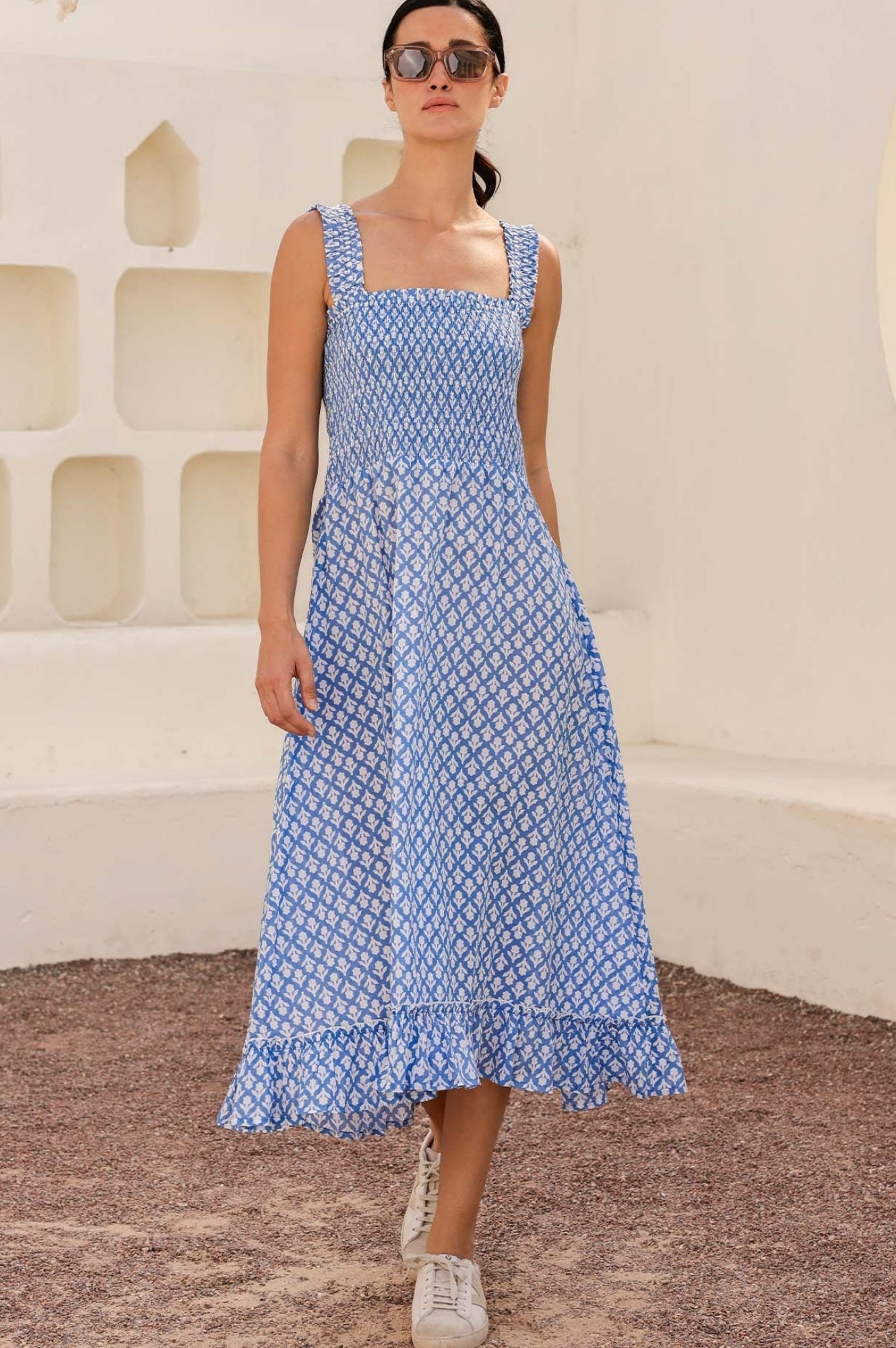 Rhianna Organic Cotton Dress with Floral Print - Cornflower Blue & White | Summer Casual Wear, Beach Outfit, Boho Style Fashion