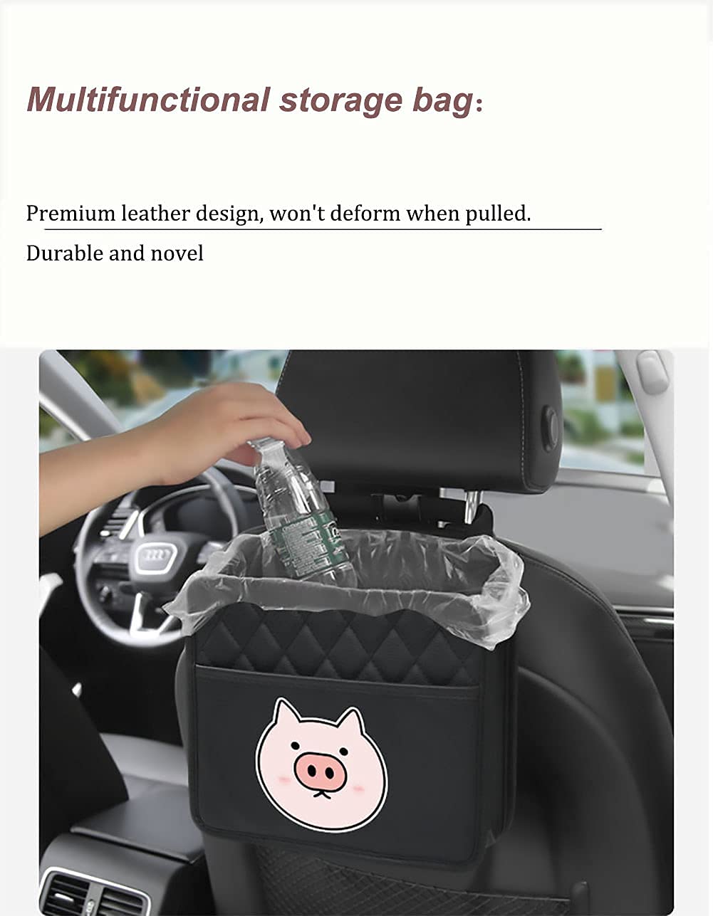 Small Cute Hanging Car Trash Bag - Waterproof Leather Collapsible Car Garbage Can for Back Seat, Vehicle Waste Bin & Automotive Organizer (Black) | Perfect for Road Trips, Commuting & Keeping Your Car Clean