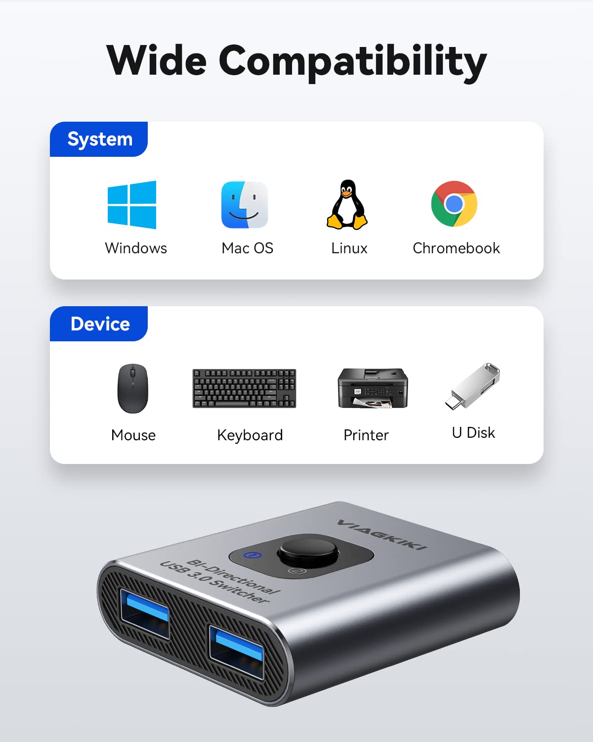 2-Port USB 3.0 KVM Switch - 1 in 2 Out or 2 in 1 Out for Sharing Mouse, Keyboard, Printer & Scanner Between 2 Computers | Perfect for Home Office & Multi-PC Workstations