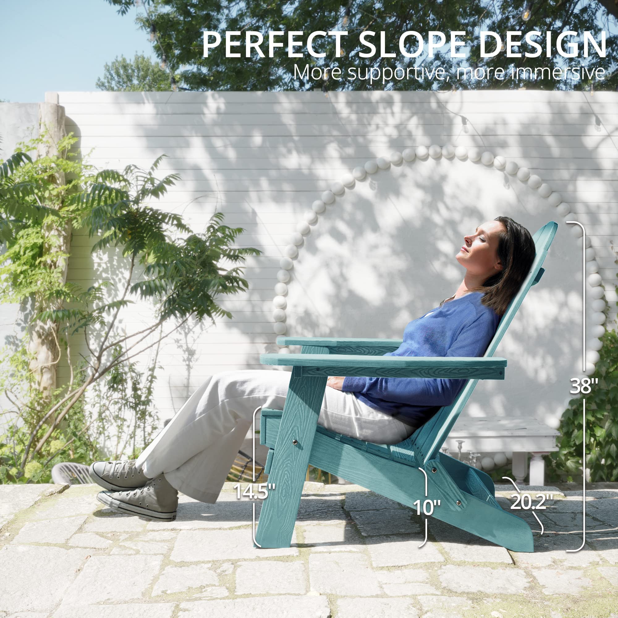 LUE BONA Folding Adirondack Chair Set of 4 - Weather Resistant Blue Turquoise HDPS Plastic Outdoor Chairs with Cup Holder for Patio, Garden, Poolside & Backyard Relaxation
