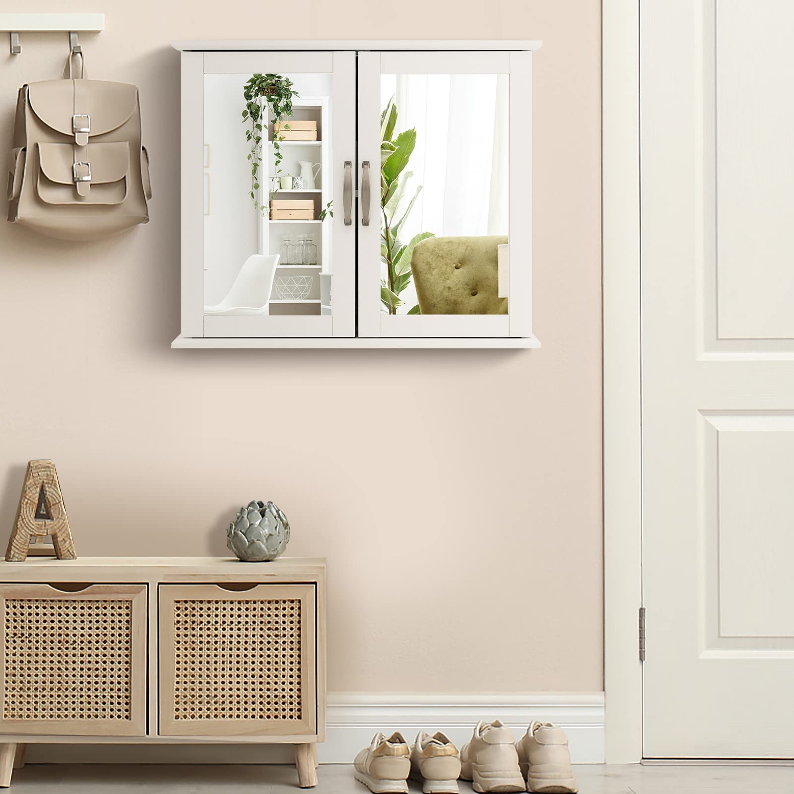 Tangkula White Wall Mounted Medicine Cabinet with Mirror - 23.5 x 5.5 x 19.5 Inch Bathroom Storage Cabinet with Double Mirror Doors - Perfect for Small Bathrooms, Vanity Areas & Apartment Bathroom Organization
