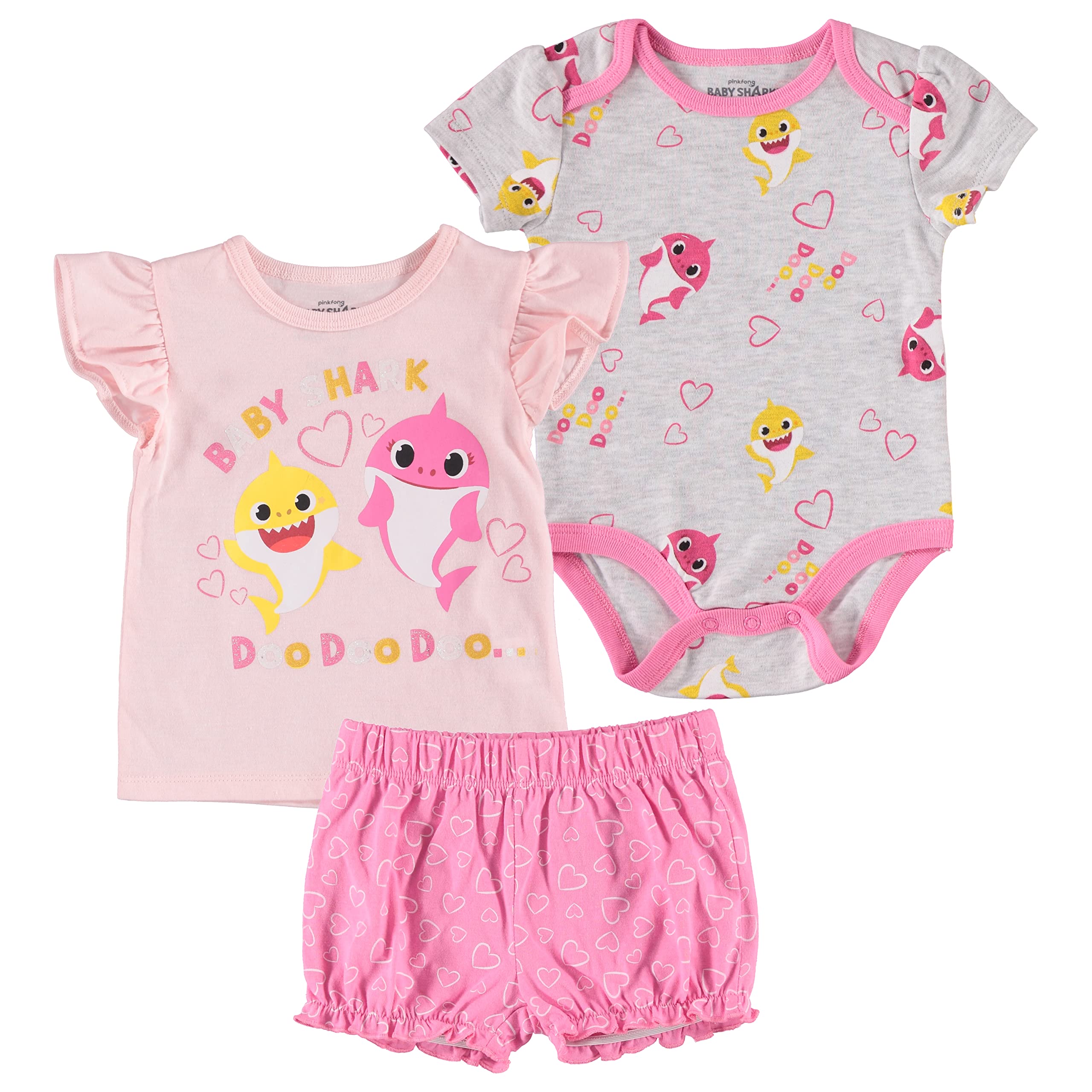 Baby Shark 3-Piece Outfit Set for Girls - Cute Toddler Clothes with Bodysuit, T-Shirt & Shorts | Perfect for Playtime, Daycare & Family Photos