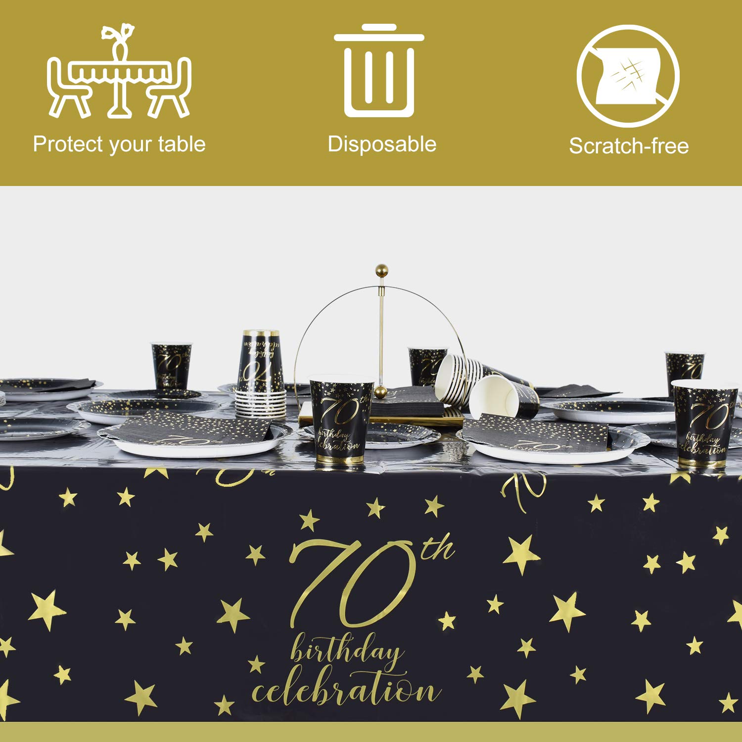 Gatherfun 70th Birthday Party Supplies Set - 25-Pack Disposable Paper Plates, Napkins, Cups, Cutlery & Tablecloth with Black & Gold Number 70 Balloons & Banner - Elegant 70th Birthday Decorations for Men & Women - Perfect for Milestone Celebrations & Retirement Parties