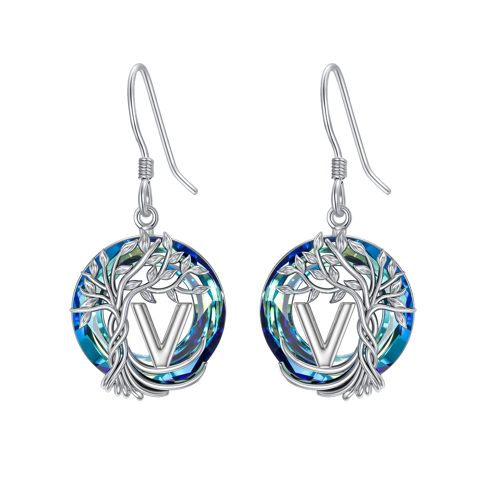 TOUPOP 925 Sterling Silver Tree of Life Initial Earrings A-Z Letter Drop Dangle Earrings with Blue Circle Crystal - Valentine's Day, Anniversary & Birthday Jewelry Gift for Women, Girlfriend, Mom - Perfect for Romantic Occasions, Special Celebrations & Everyday Elegance