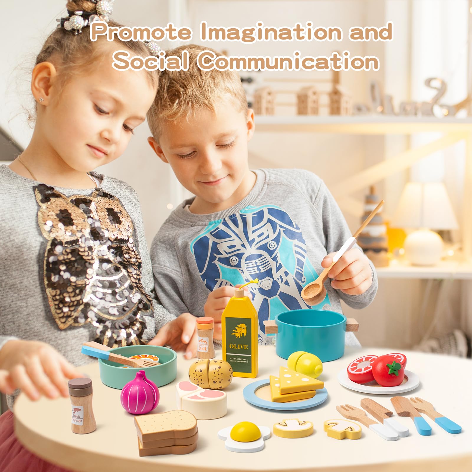 **27-Piece Wooden Pretend Play Cooking Set for Kids - Kitchen Accessories with Dishes, Pots, Pans & Utensils - Educational Toy Gift for Toddlers Ages 3-5 (Boys & Girls) - Perfect for Role-Playing & Early Learning**