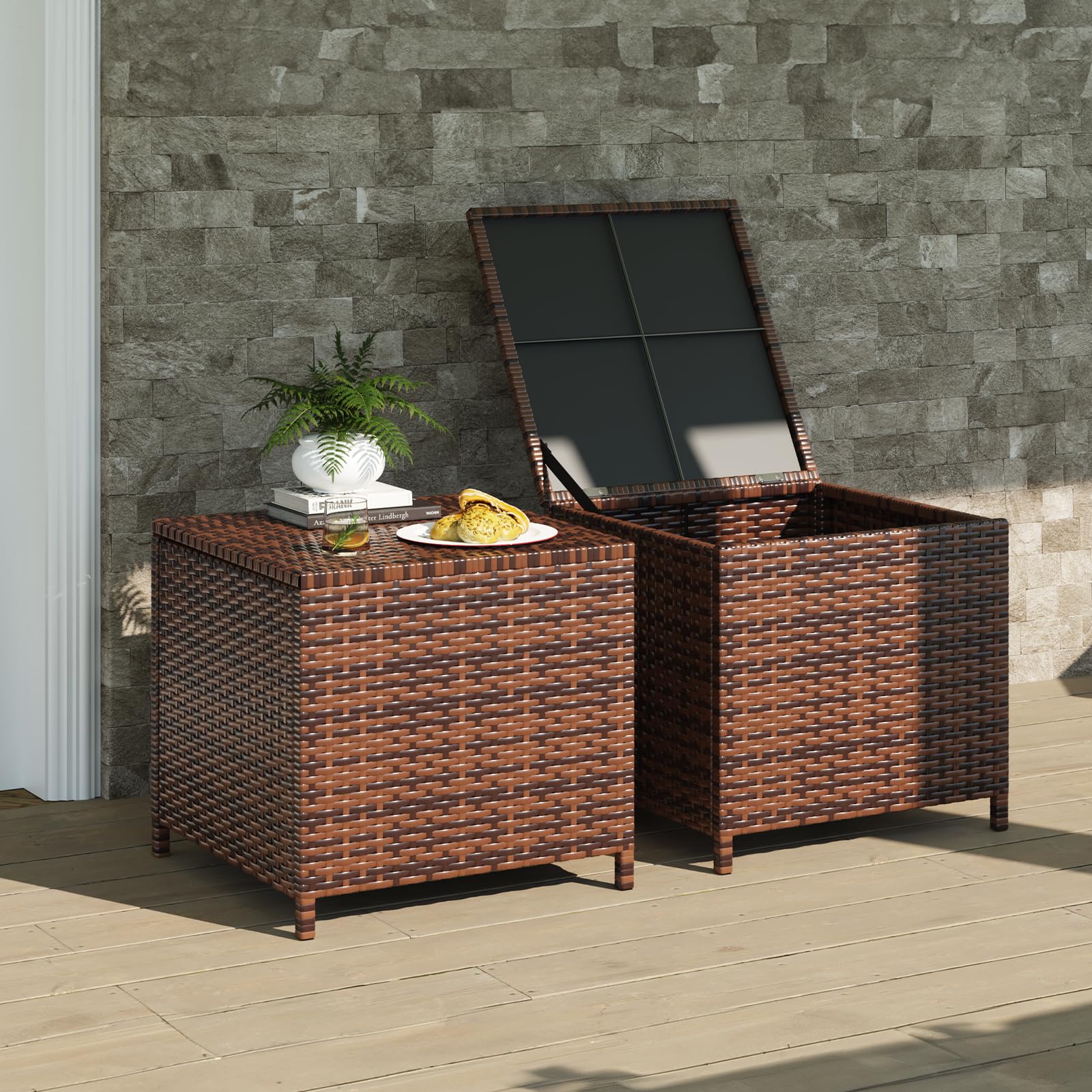 UDPATIO 2-Piece Outdoor Wicker Side Table Set with Storage - Rattan End Tables & Resin Square Coffee Tables for Patio, Backyard, Pool - Perfect for Furniture Covers, Toys, Gardening Tools (Brown) - Ideal for Outdoor Entertaining, Relaxation & Storage Solutions