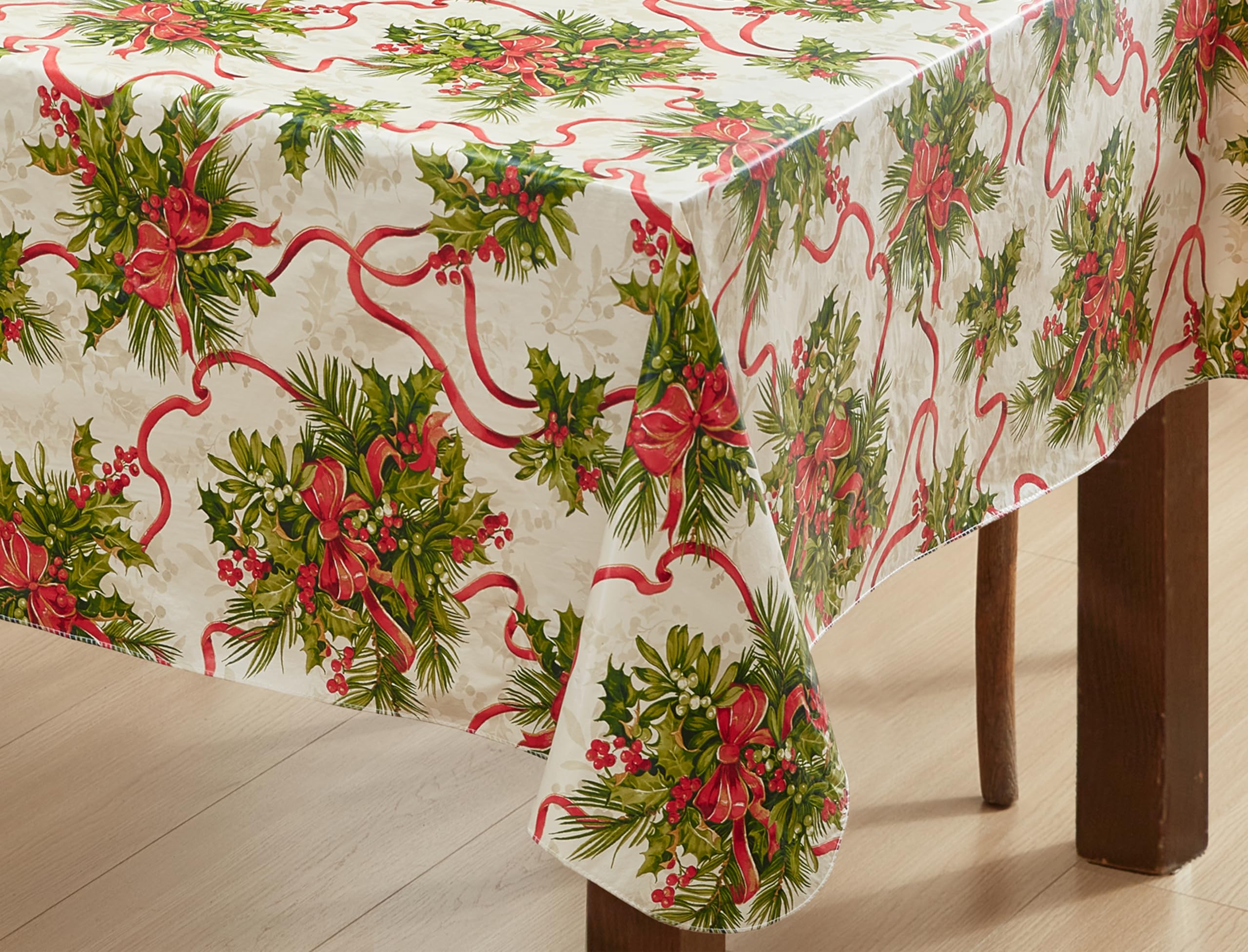 Newbridge Christmas Holly Traditions Vinyl Tablecloth with Flannel Backing - Red Holly Berry & Ribbons Holiday Design, Easy Care Wipe Clean, 60” x 102” Oblong/Rectangle - Perfect for Holiday Dinners, Parties & Festive Home Decor