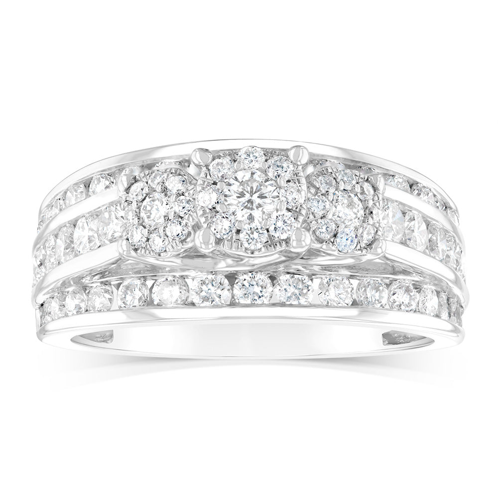 14K White Gold 1.5 Carat Diamond Trilogy Ring with 3 Round Brilliant Cut Diamonds & Halo Setting | Channel Set Wedding Band | Perfect for Engagement, Anniversary & Special Occasions