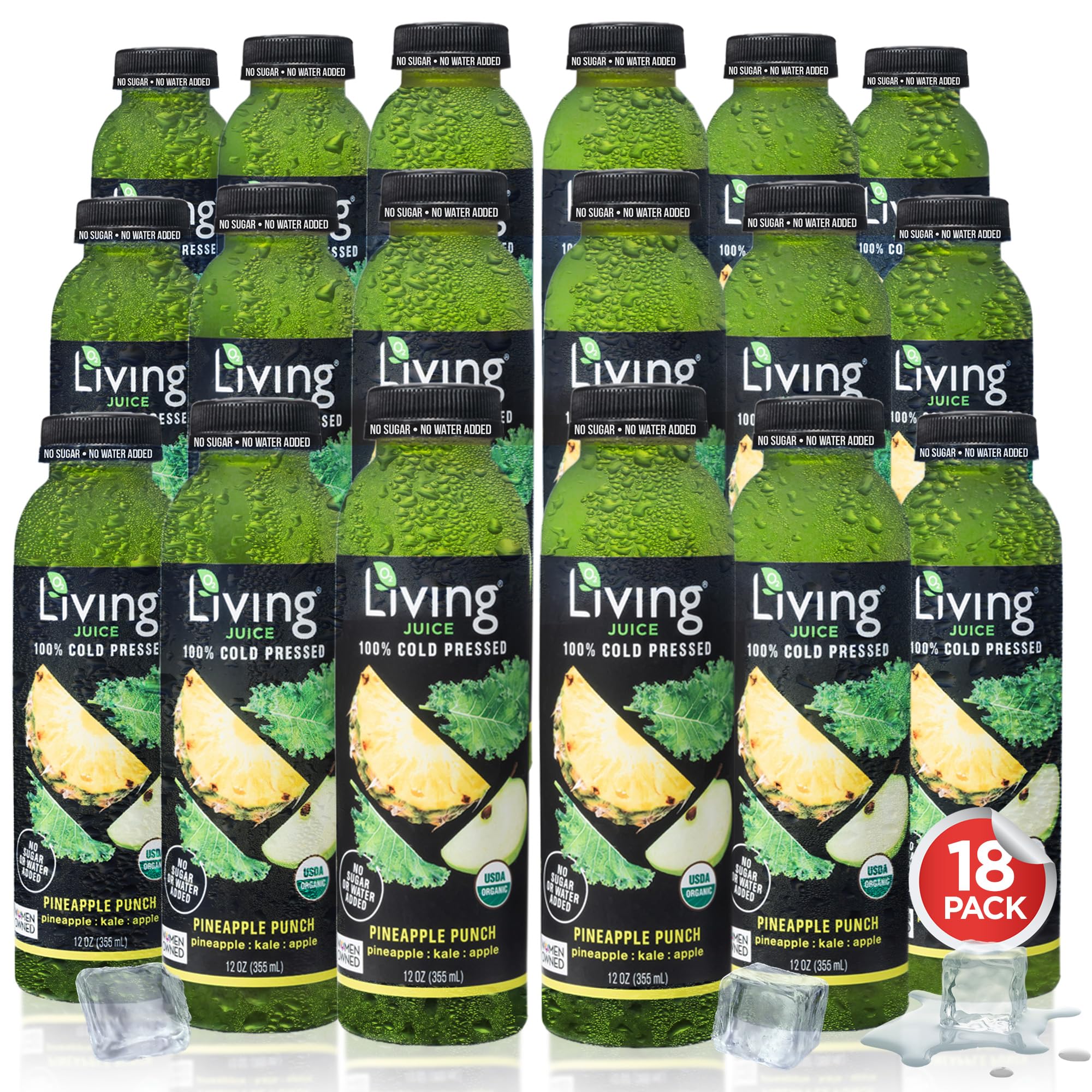 O2 Living Cold Pressed Organic Juice - Pineapple Punch Flavor | Low-Calorie Detox Drink with 4 Vegetable Servings | Non-GMO, Vitamin-Rich Immunity Booster | 18 Pack (12oz Bottles) | Perfect for Post-Workout Recovery, Morning Energy Boost & Healthy Lifestyle