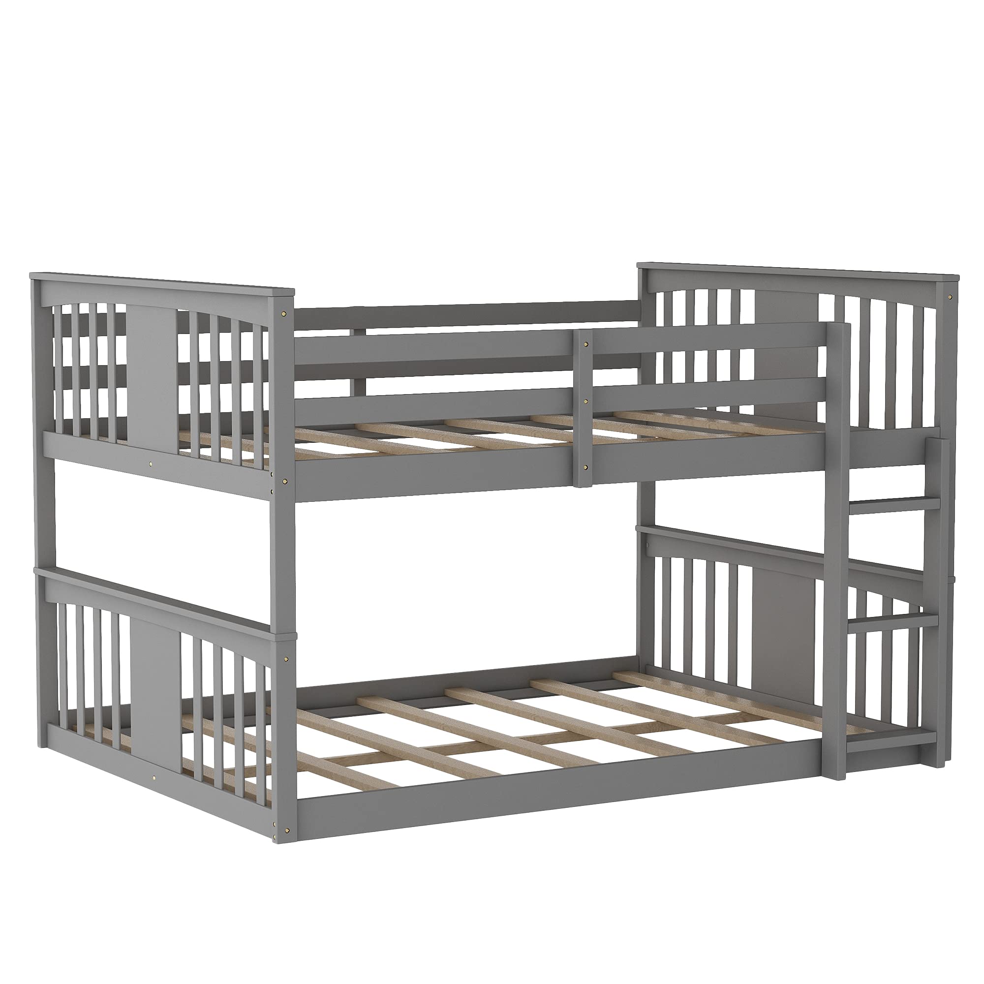 Full Over Full Wooden Bunk Bed for Kids & Toddlers with Built-in Ladder & Safety Guard Rails - Gray Twin Bunk Bed Frame for Boys Girls Bedroom, Dormitory, or Small Space Saving Kids Room Furniture