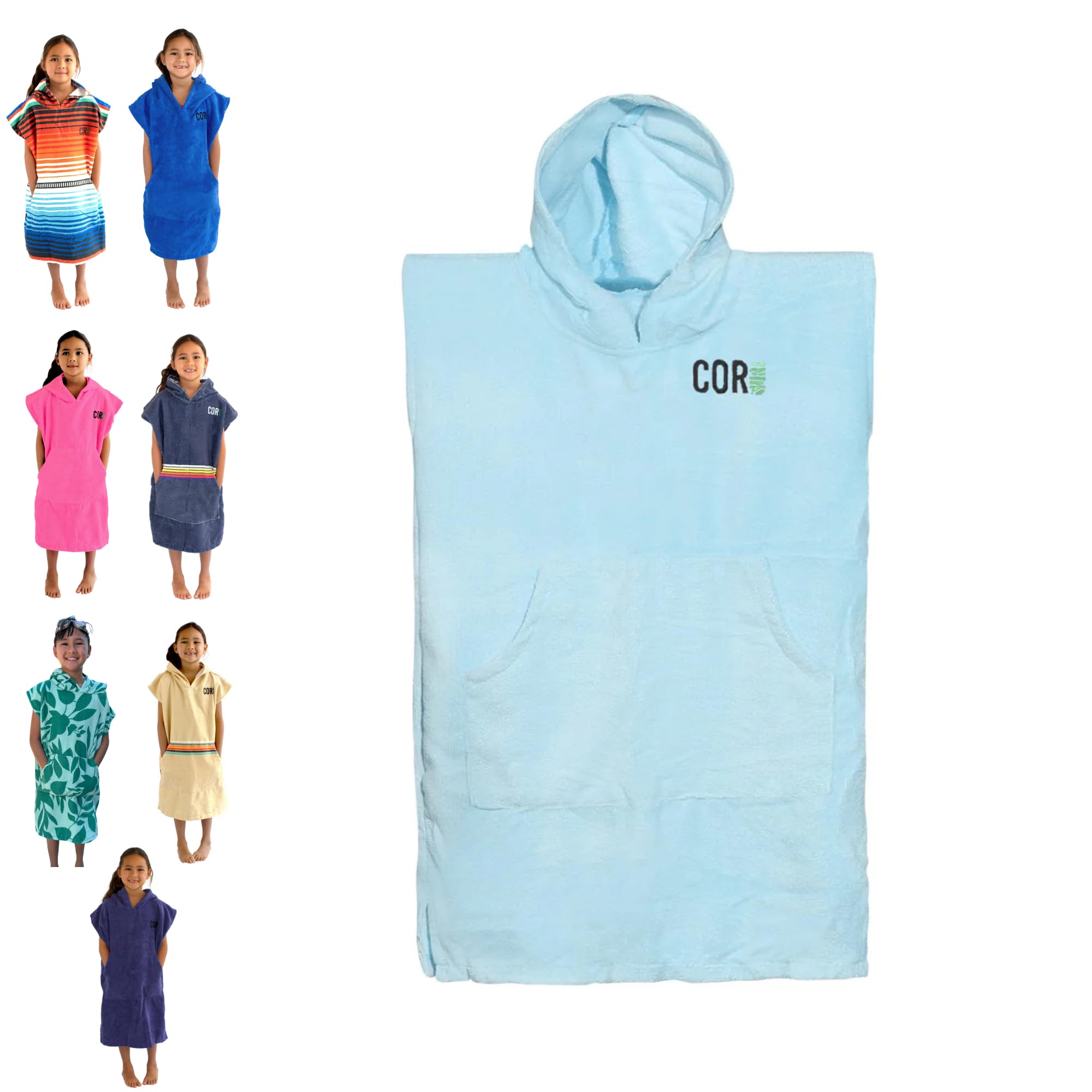 **COR Kids Quick-Dry Surf Poncho Hooded Towel Robe with Front Pocket - Light Blue Microfiber Changing Towel for Beach, Pool & Travel - Perfect for Ages 3-8, Doubles as Swim Cover-Up & Blanket**