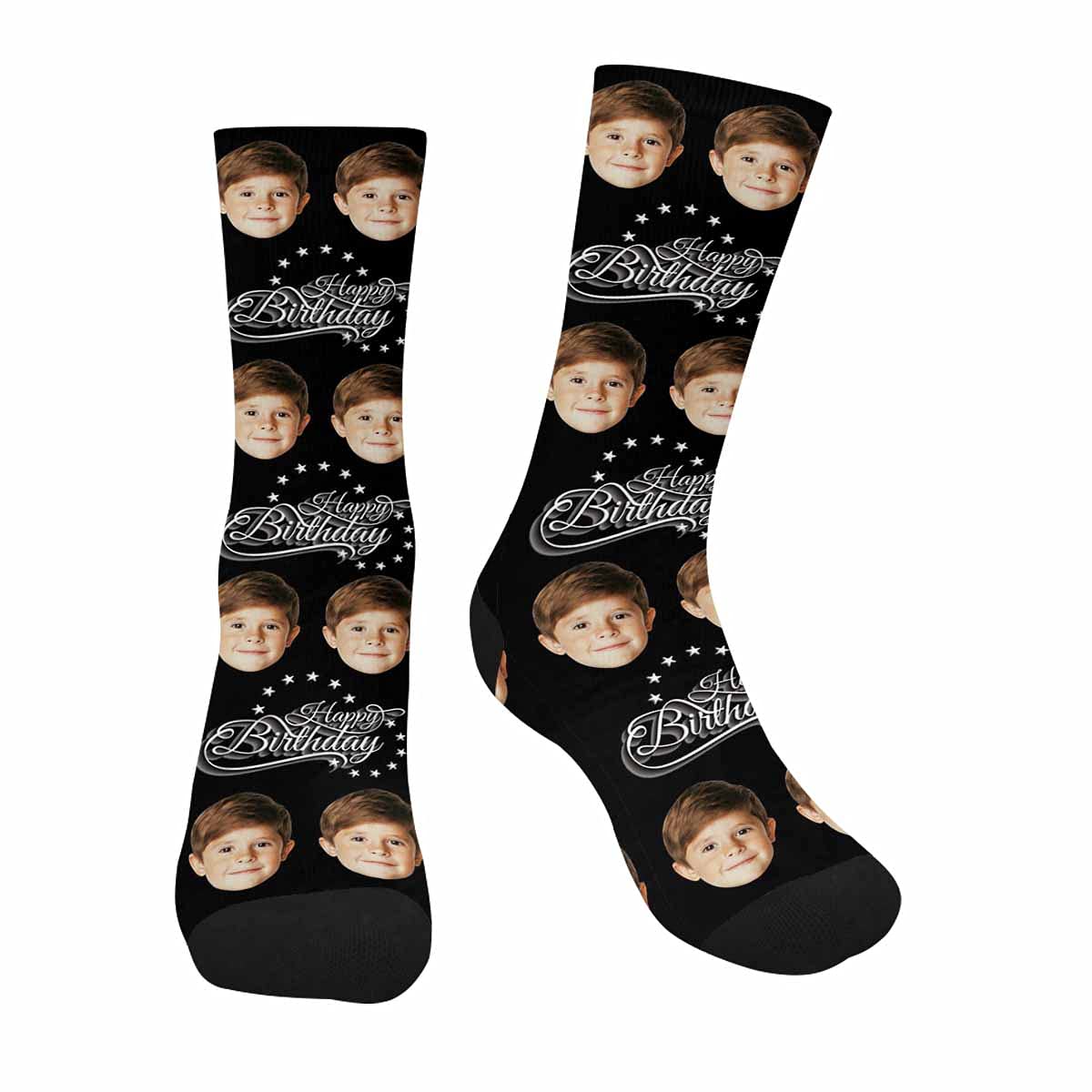 Custom Photo Socks with Face Print - Personalized Birthday Gifts for Men, Women, Boys & Girls - Funny Star Pattern Black Socks for Parties, Christmas & Unique Present Ideas