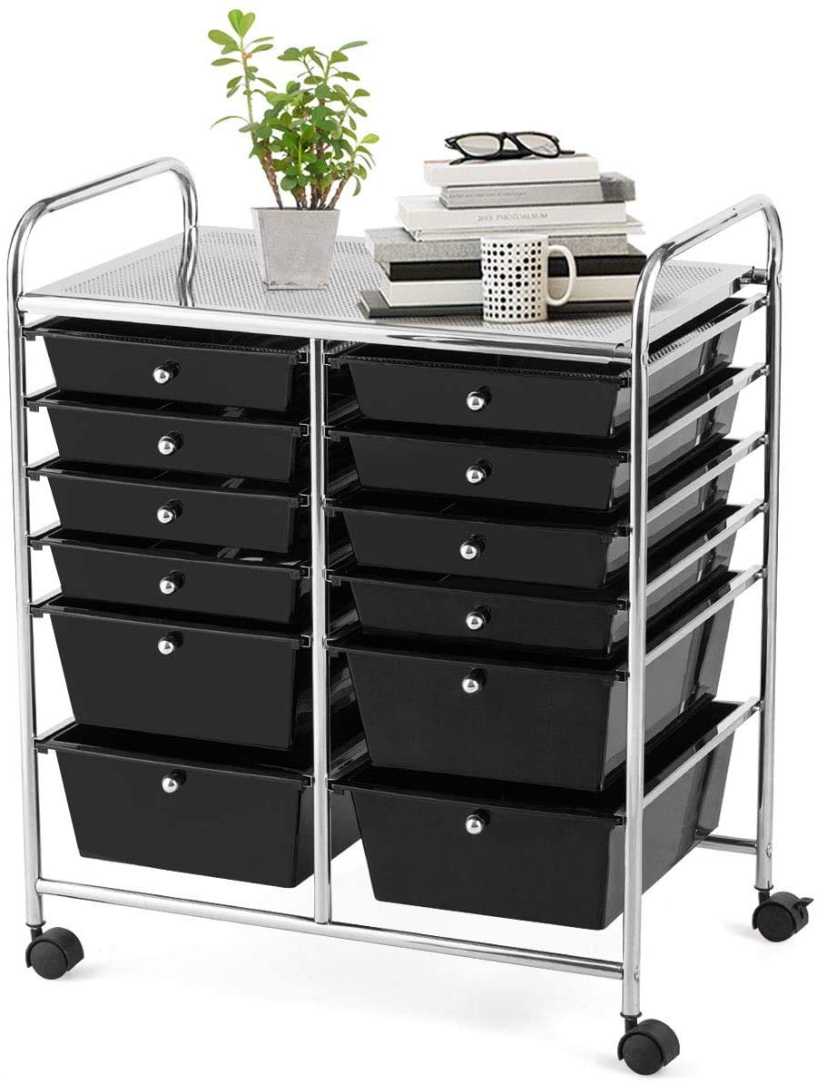 Giantex 12-Drawer Rolling Storage Cart - Black Organizer for Tools, Scrapbook Paper, Office & School Supplies | Portable Mobile Utility Cart for Craft Room, Workshop, Classroom & Home Organization