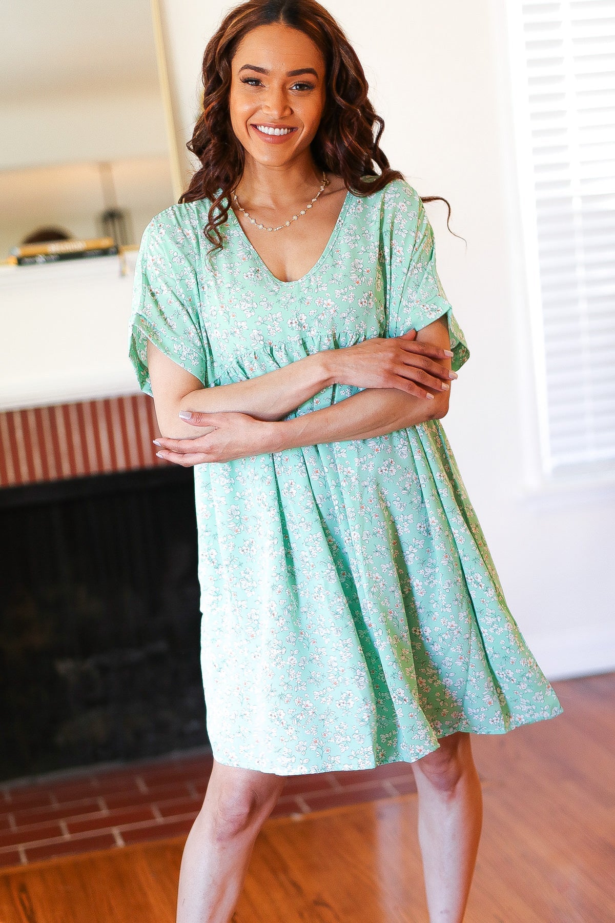 Everyday Mint Ditzy Floral Woven Dolman V-Neck Dress - Casual Summer Dress for Women, Perfect for Beach Outings, Picnics and Date Nights