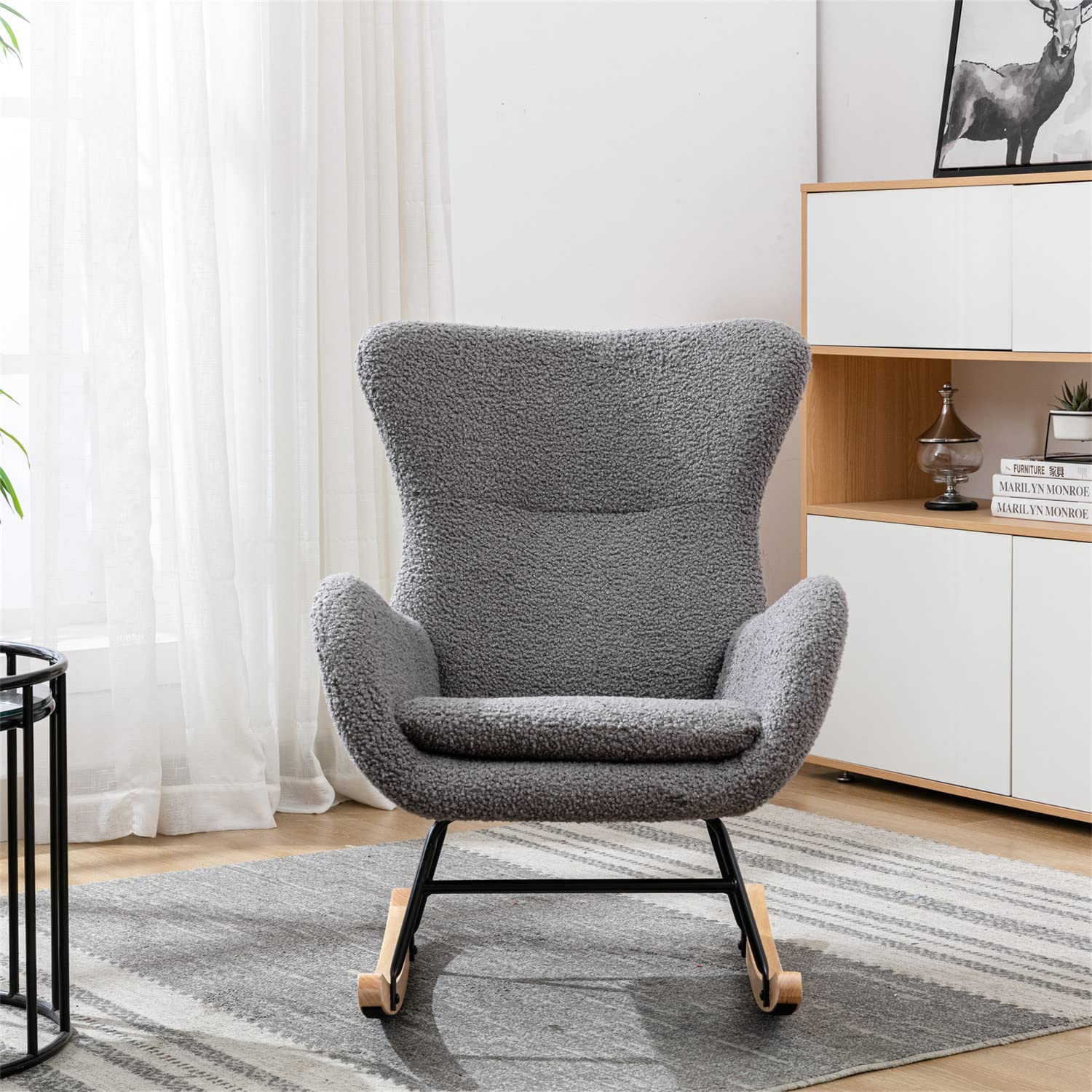 Comfy Rocking Chair with Soft Teddy Fabric Seat - Gray Accent Armchair for Living Room & Bedroom | Perfect for Nursery, Reading Nook & Relaxation