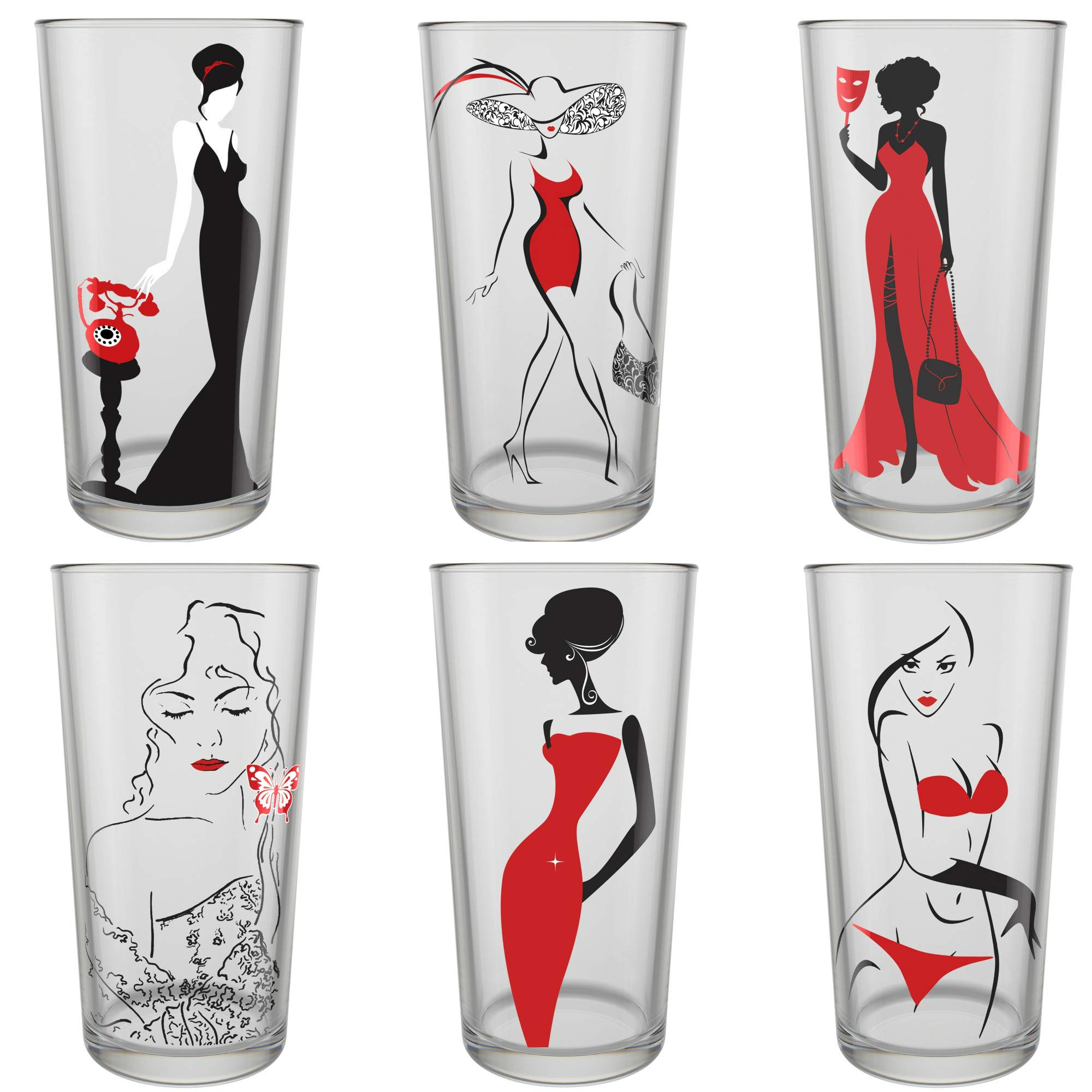 Premium 10.1 oz Red Line Cocktail Glasses Set of 6 - Bourbon, Whiskey & Wine Drinking Glasses for Home Bar, Parties & Gifts