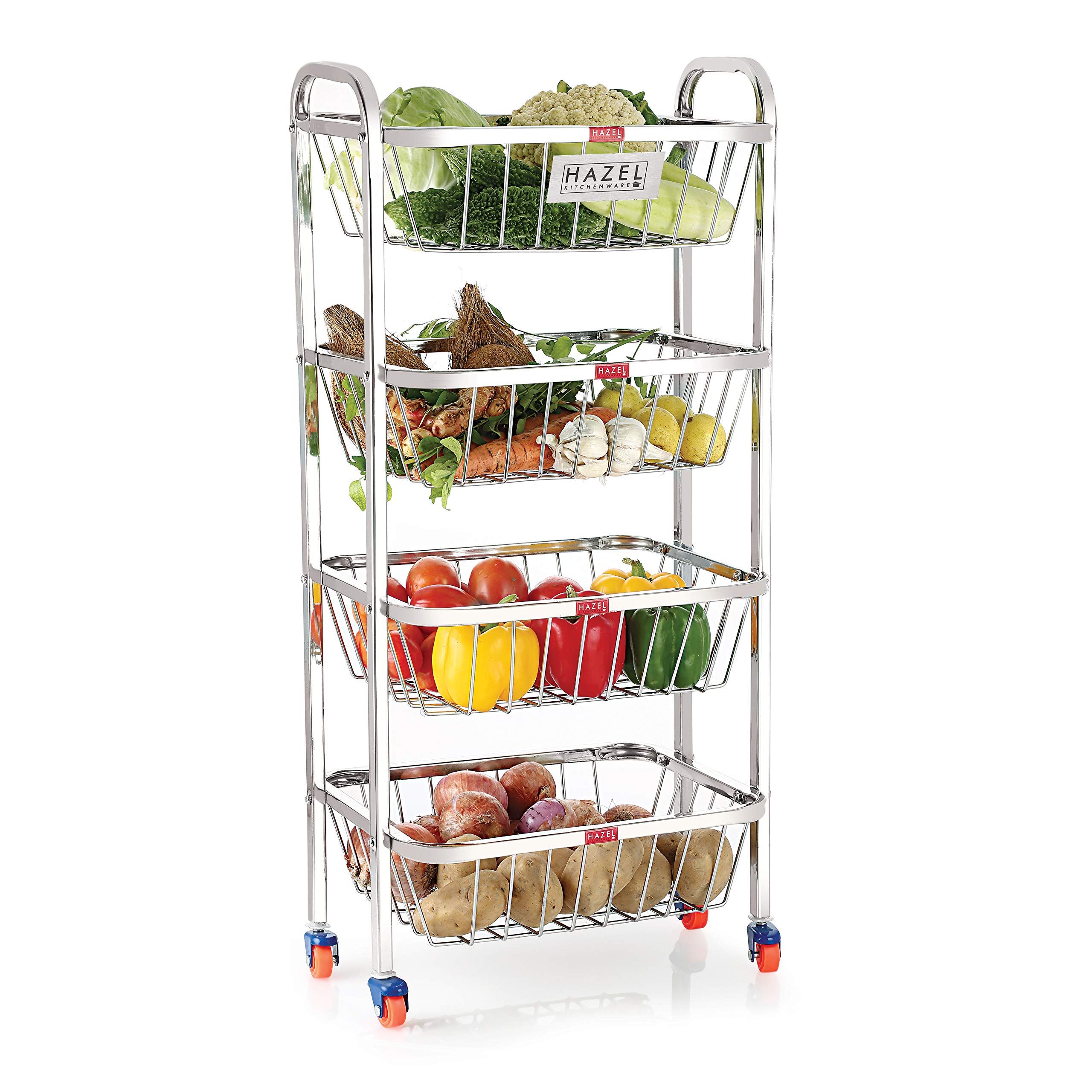 HAZEL 4-Tier Stainless Steel Fruit & Vegetable Basket Cart with Wheels | 32.8 Inches Tall Kitchen Storage Organizer | Multi-Purpose Rolling Trolley for Fruits, Vegetables, Groceries | Perfect for Kitchen, Pantry, Dining Room & Supermarket Use