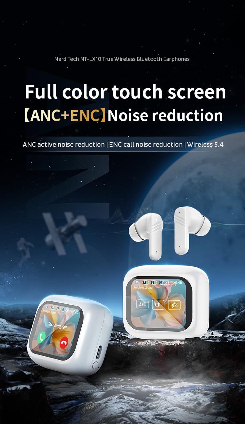 Wireless Bluetooth 5.4 Earbuds with Touch Screen & Noise Cancelling - Digital Display Sports Earphones, IPX7 Waterproof, Hi-Fi Stereo Sound - Perfect for Running, Gym Workouts & Travel (White)