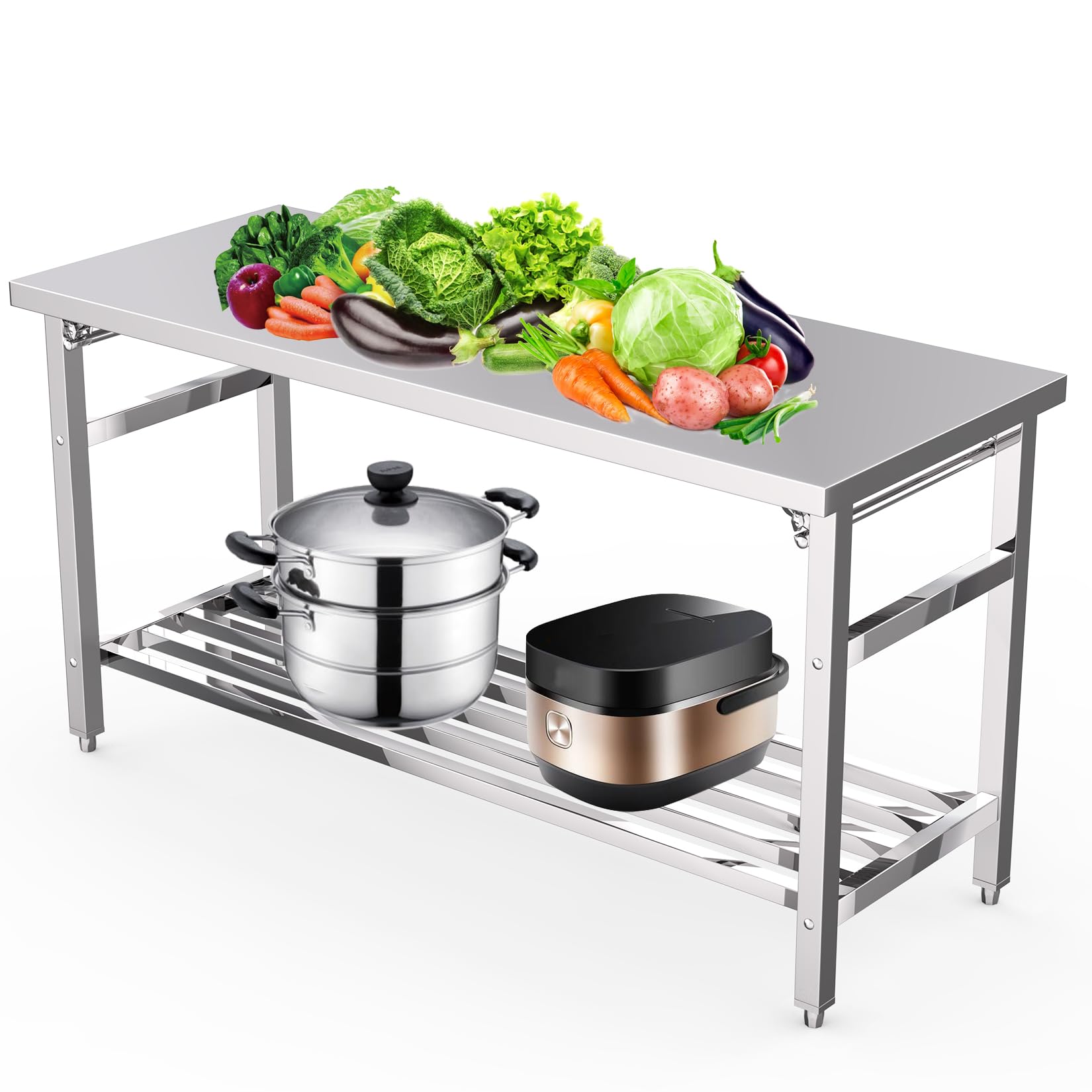 24 x 60 Inch NSF Commercial Heavy-Duty Stainless Steel Folding Table with Undershelf - Restaurant Prep Work Table, Kitchen Island for Home & Commercial Use - Perfect for Food Prep, Catering, Buffets & Small Space Dining Areas