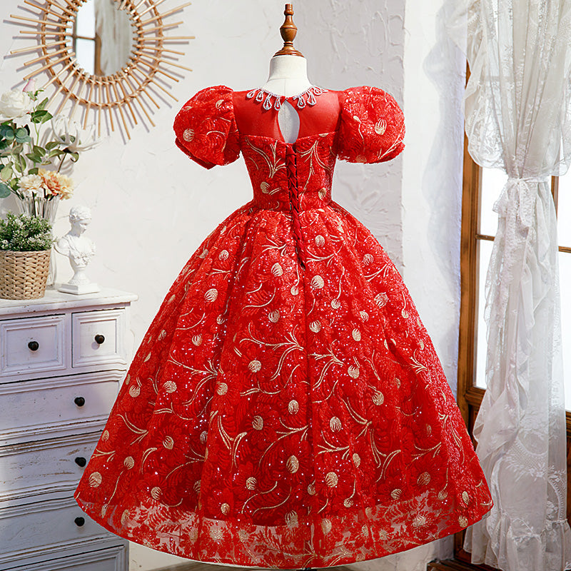 Red Lace A-Line Flower Girl Dress with Short Puff Sleeves & Bow - Elegant Floor-Length Dress for Weddings, Parties & Special Occasions