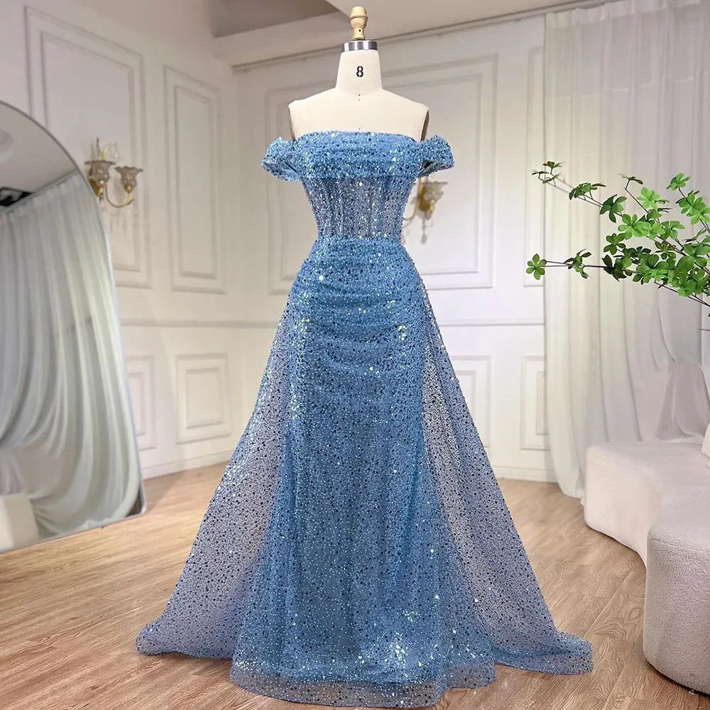 Elegant Blue Mermaid Off-Shoulder Beaded Sequined Evening Gown with Overskirt for Women - Perfect for Prom, Party & Formal Events 2025 (LA72204)