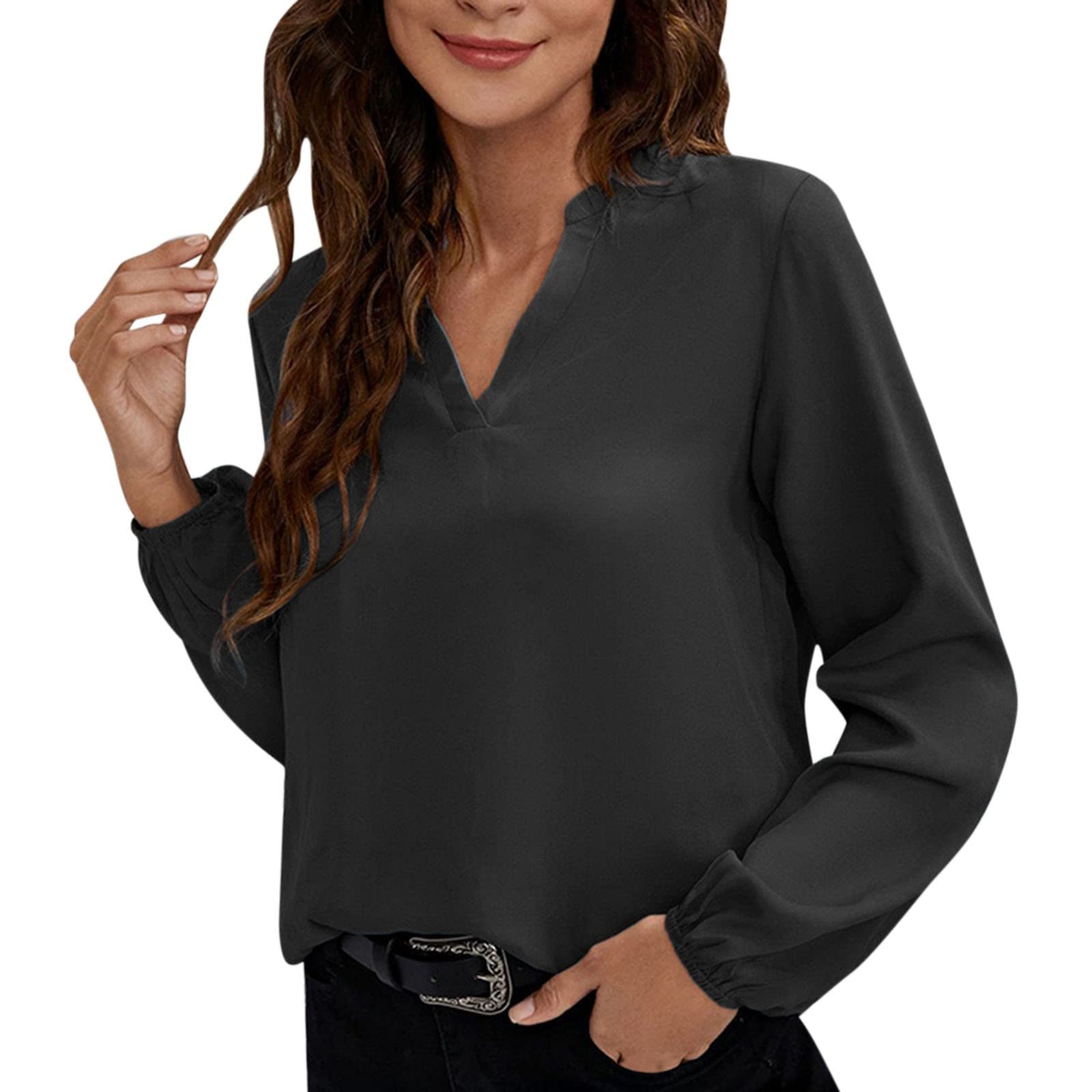 Women's Loose Fit V-Neck Lace Collar Long Sleeve T-Shirt - Summer Casual Solid Color Top for Everyday Wear, Office & Date Night Outfits