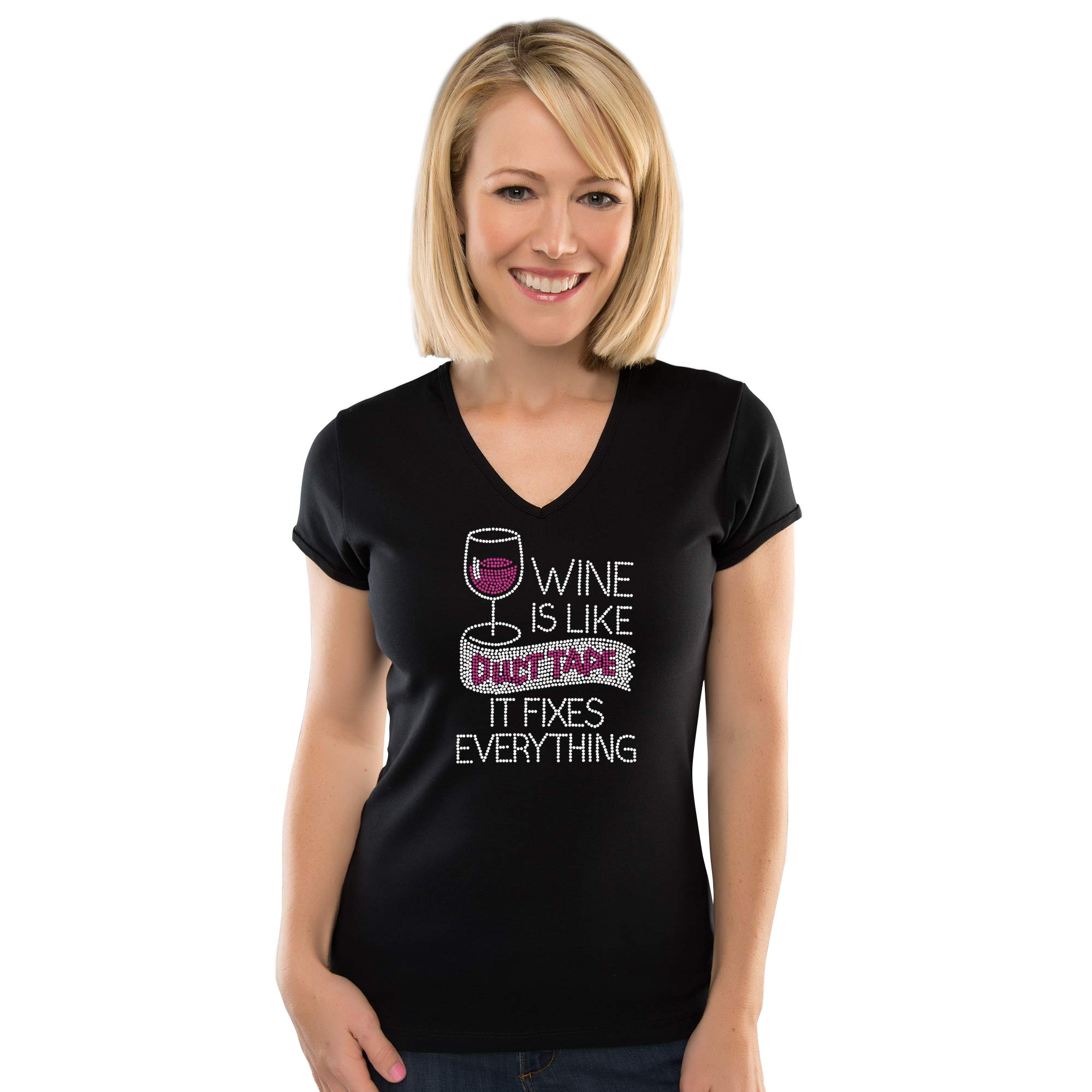 Chris's Stuff Women's Rhinestone V-Neck Cotton T-Shirt - Short Sleeve Casual Tee for Everyday Wear - Black | Perfect for Parties, Dates & Casual Outings