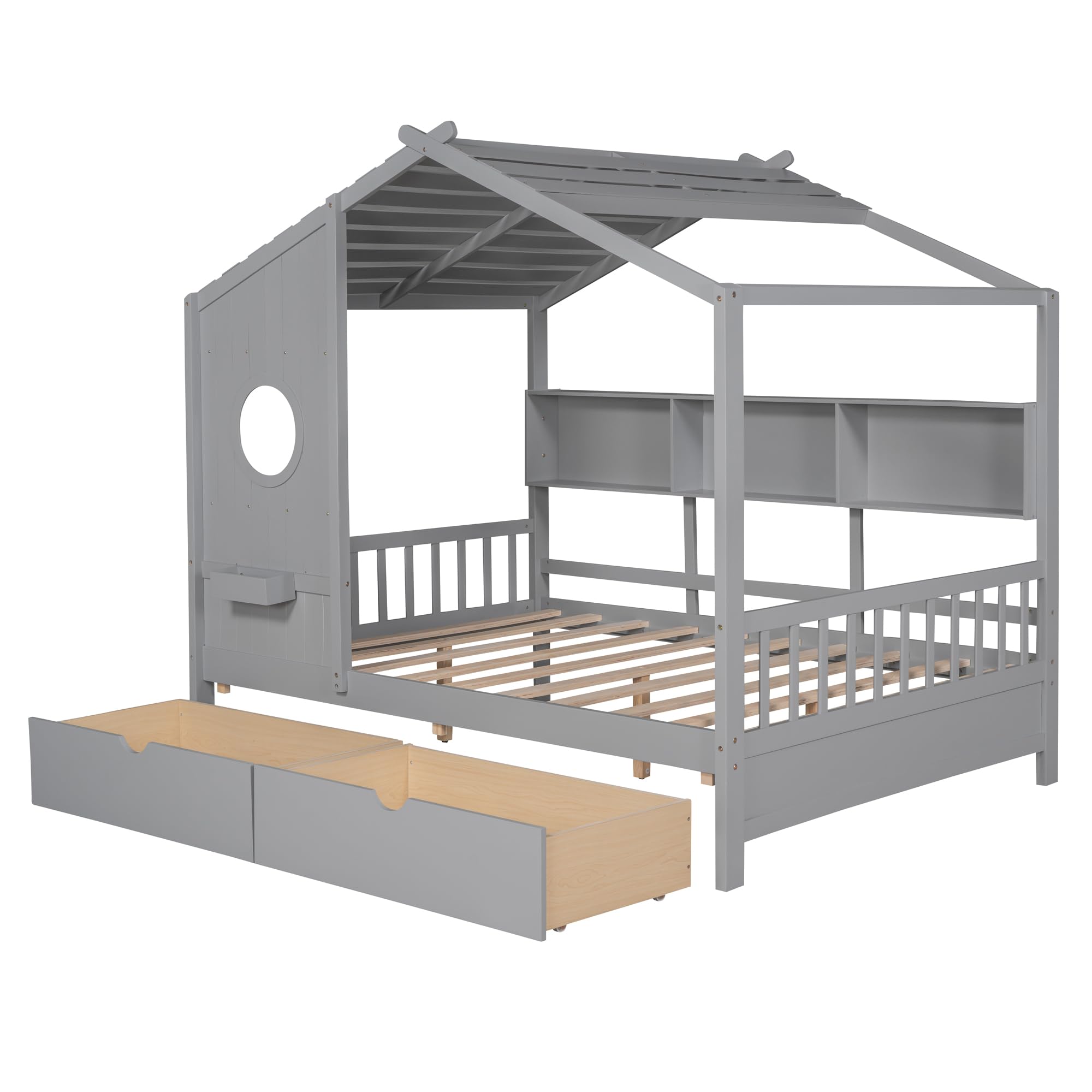 MERITLINE Full Size House Bed for Kids - Wooden Bed Frame with 2 Storage Drawers, Built-in Shelf & Slat Support - No Box Spring Needed - Grey - Perfect for Kids' Bedroom, Playroom & Small Space Organization