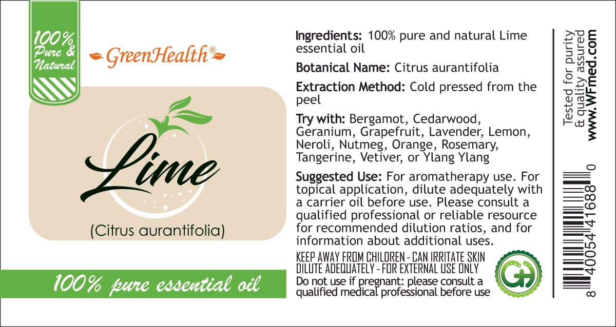 100% Pure Lime Essential Oil - 1/2 fl oz (15ml) Glass Bottle - Natural Aromatherapy Oil for Diffusers, Massage & DIY Skincare - GreenHealth Brand