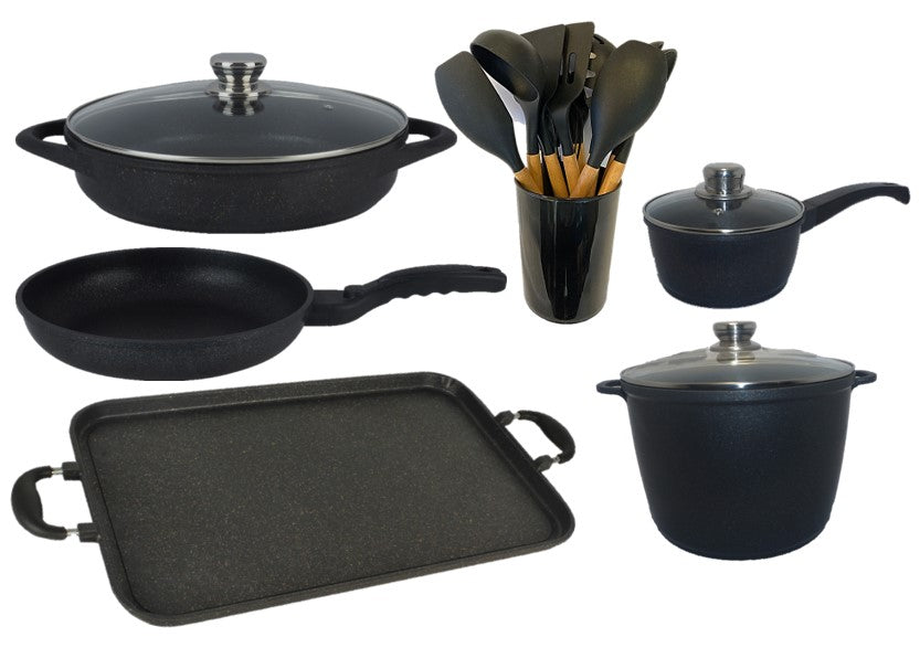 Premium 9-Piece Marble Cast Aluminum Cookware Set with Silicone Utensils - Nonstick Kitchenware for Baking, Cooking & Serving - Perfect for Home Chefs & Gourmet Meals