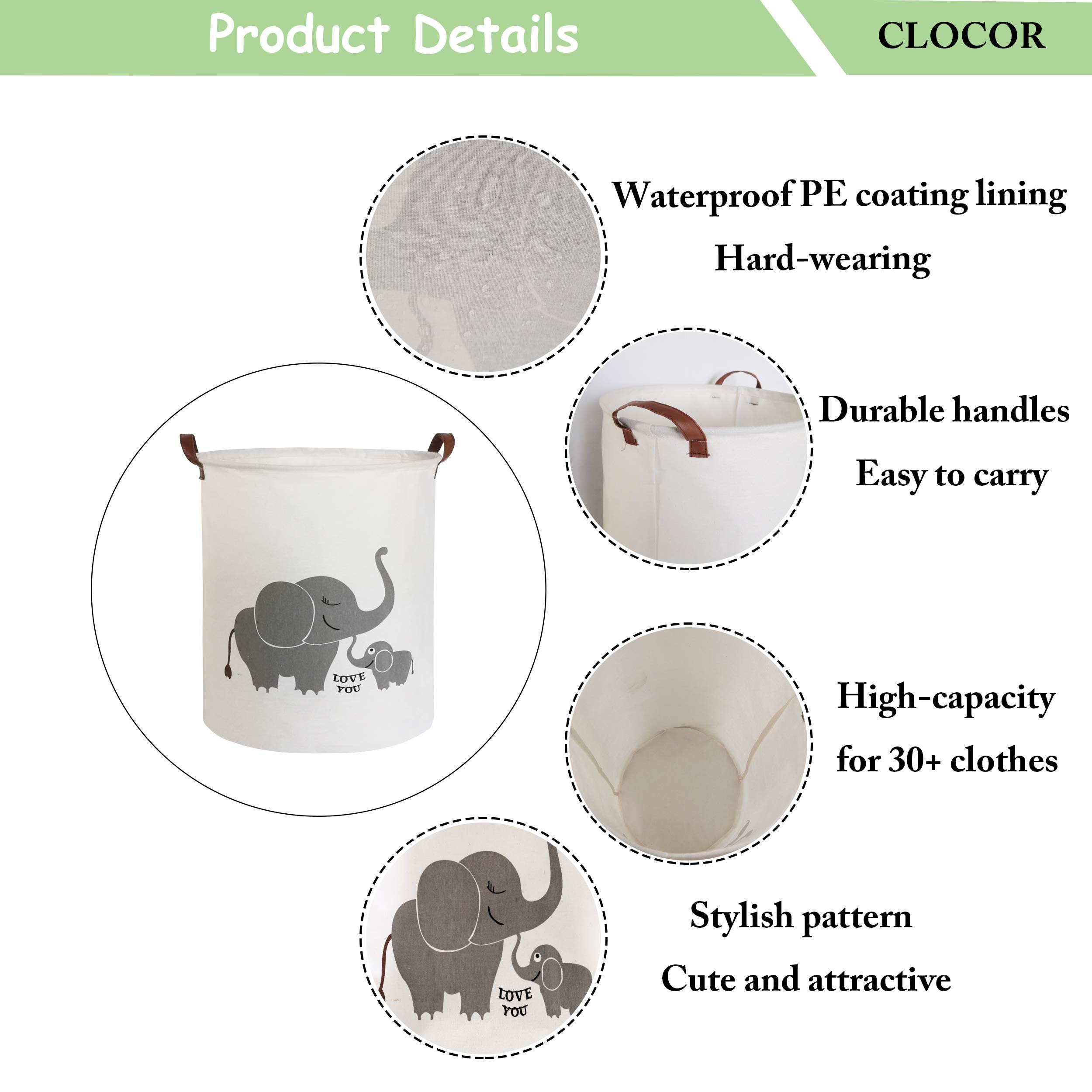 CLOCOR Collapsible Round Storage Bin - Large Foldable Laundry Basket & Toy Organizer with Love Elephant Design | Perfect for Kids Room, Nursery, Closet & Bathroom Organization