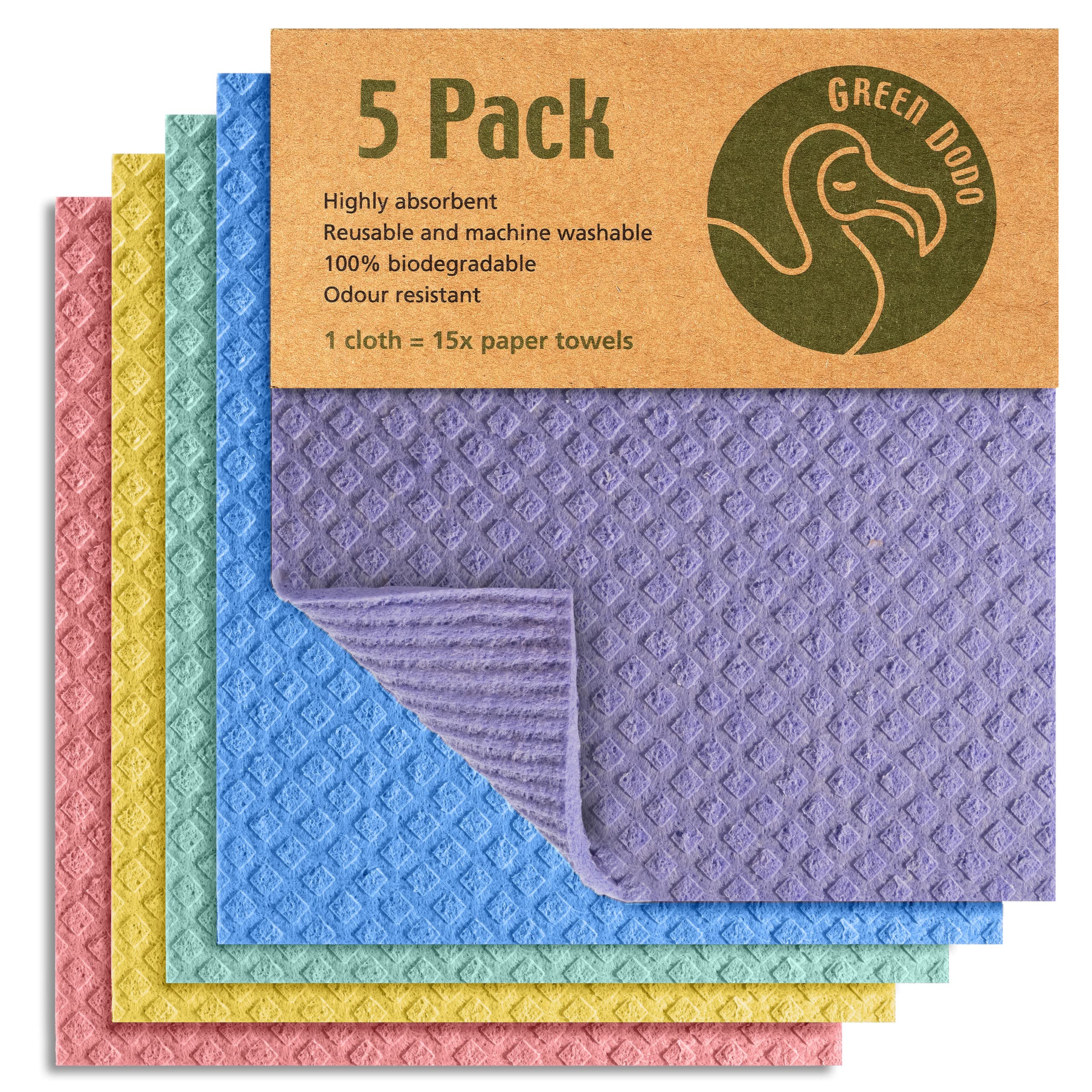 **Green Dodo Swedish Dishcloth 5 Pack - Eco-Friendly, Biodegradable & Sustainable Kitchen Sponge Cloths - Super Absorbent, Odor-Free, Reusable Paper Towel Alternative - Perfect for Cleaning Dishes, Countertops & More**