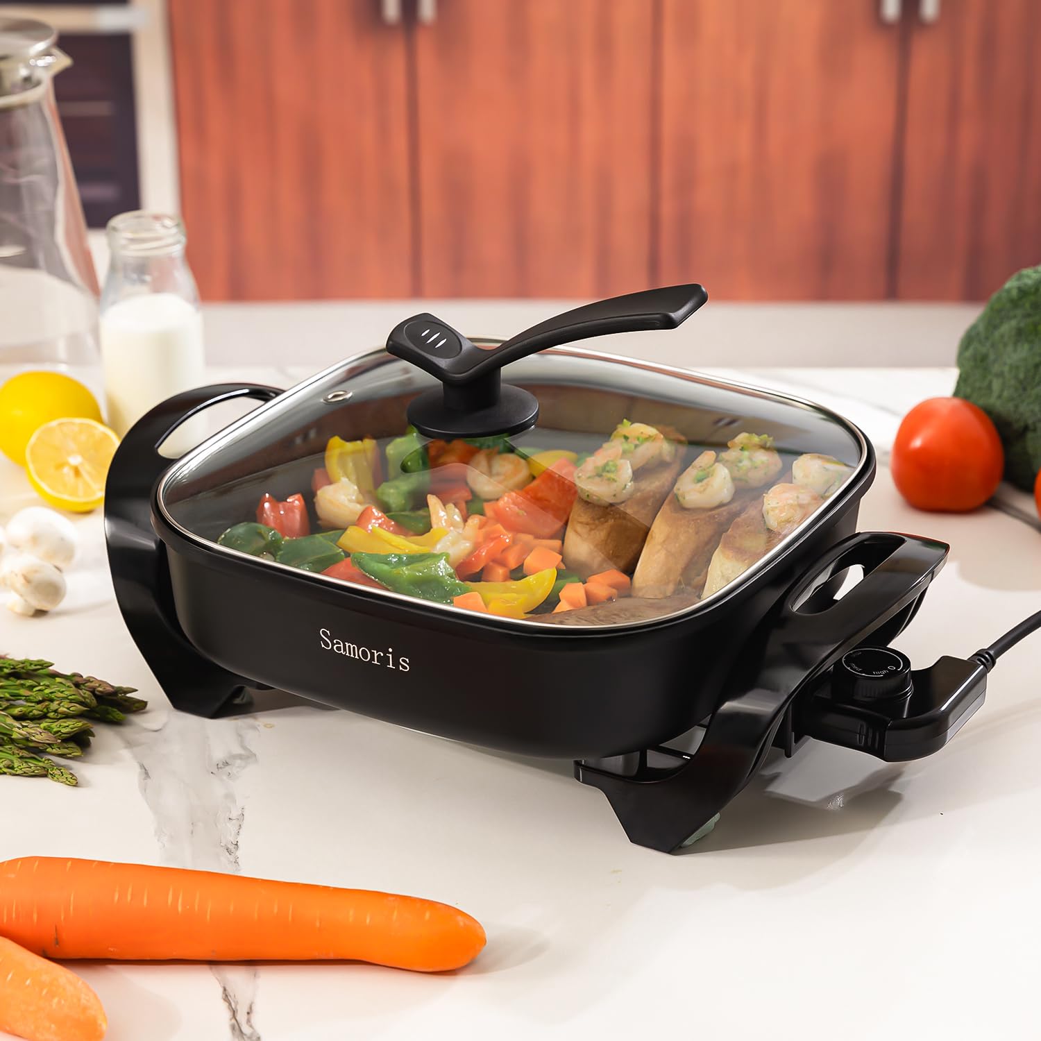 Samoris 17-Inch Non-Stick Electric Skillet with Glass Vented Lid - 5 Quart Large Frying Pan, Adjustable Temperature Control (1500W), Cool-Touch Handles, Even Heating & Scratch Resistant - Perfect for Family Cooking, Pancakes, Stir-Fry & Indoor Grilling