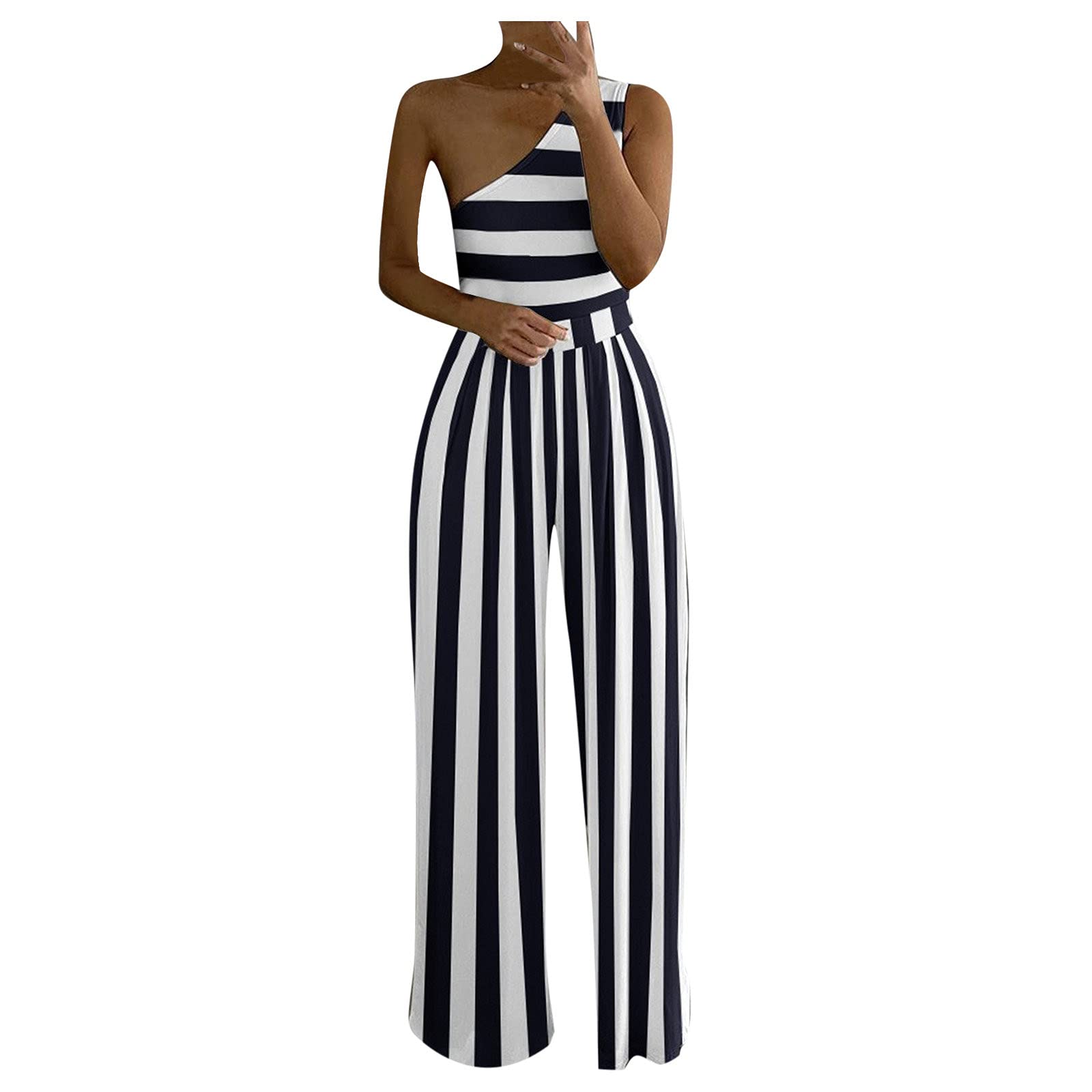 Ikevan Printed Asymmetrical Wide Leg Off-Shoulder Women's Long Loose Striped Jumpsuit - Silver Romper for Casual Outings, Beach Wear & Summer Fashion