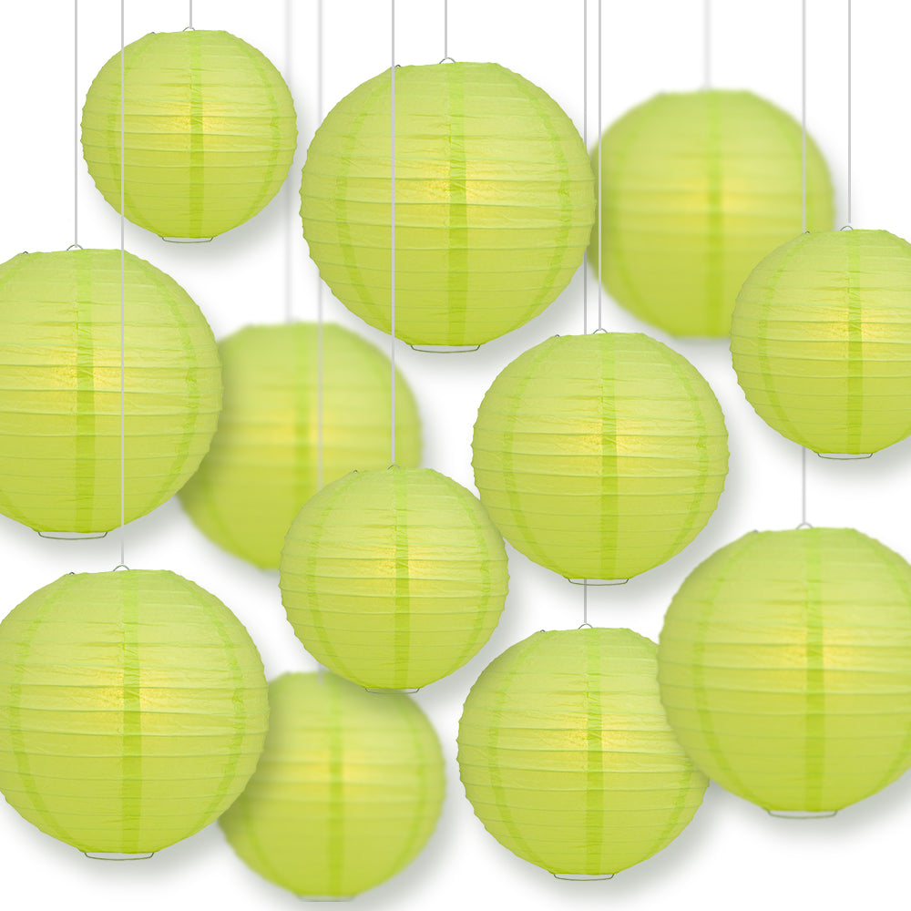 12-Piece Light Lime Green Paper Lantern Set - Chinese Hanging Decorations for Wedding, Party & Festival (12/10/8 Inch) - Perfect for Indoor/Outdoor Asian-Themed Events