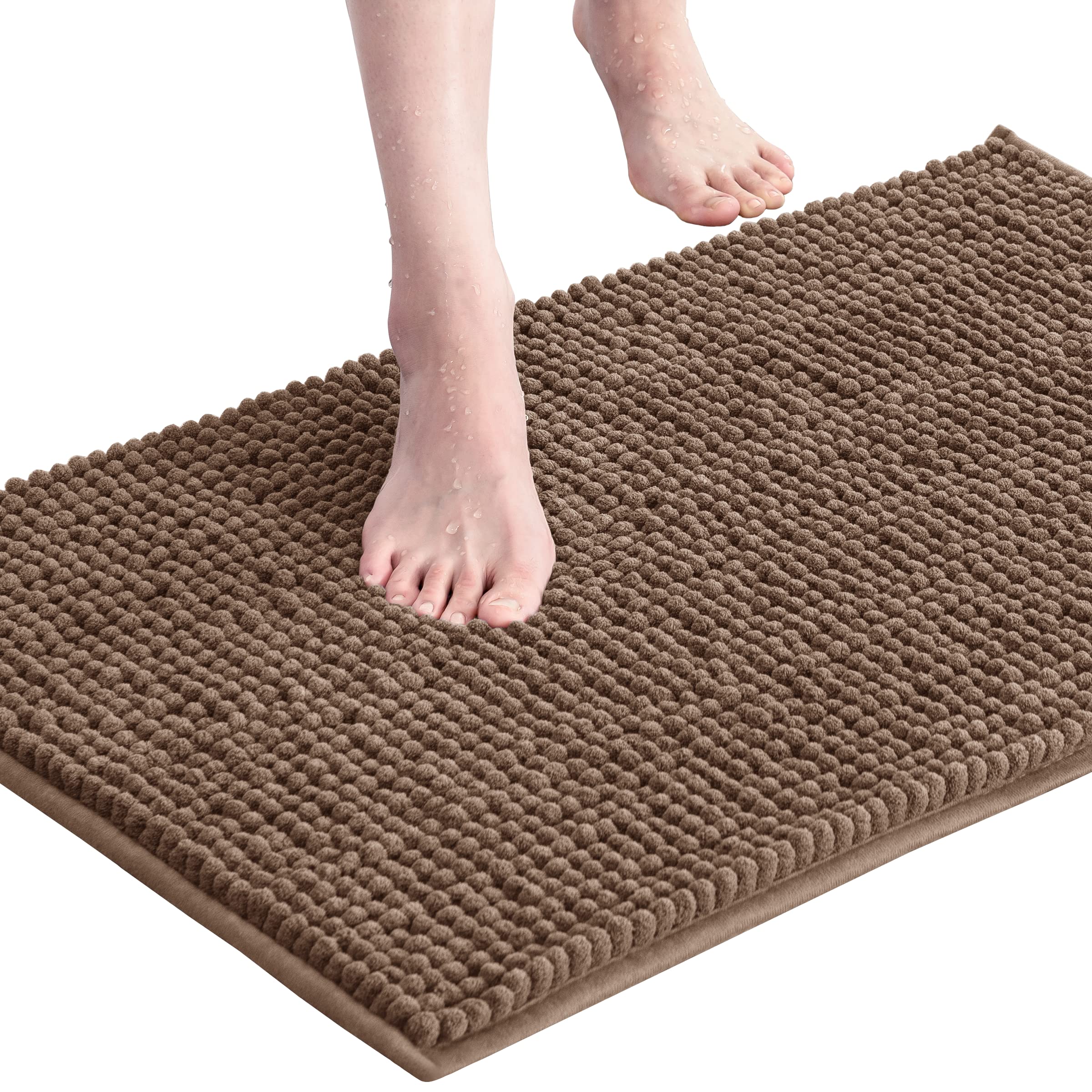 **Soft Chenille Bath Rug - Super Absorbent & Quick Dry Bath Mat for Bathroom, Machine Washable, Non-Slip Shower Mat (Brown, 16