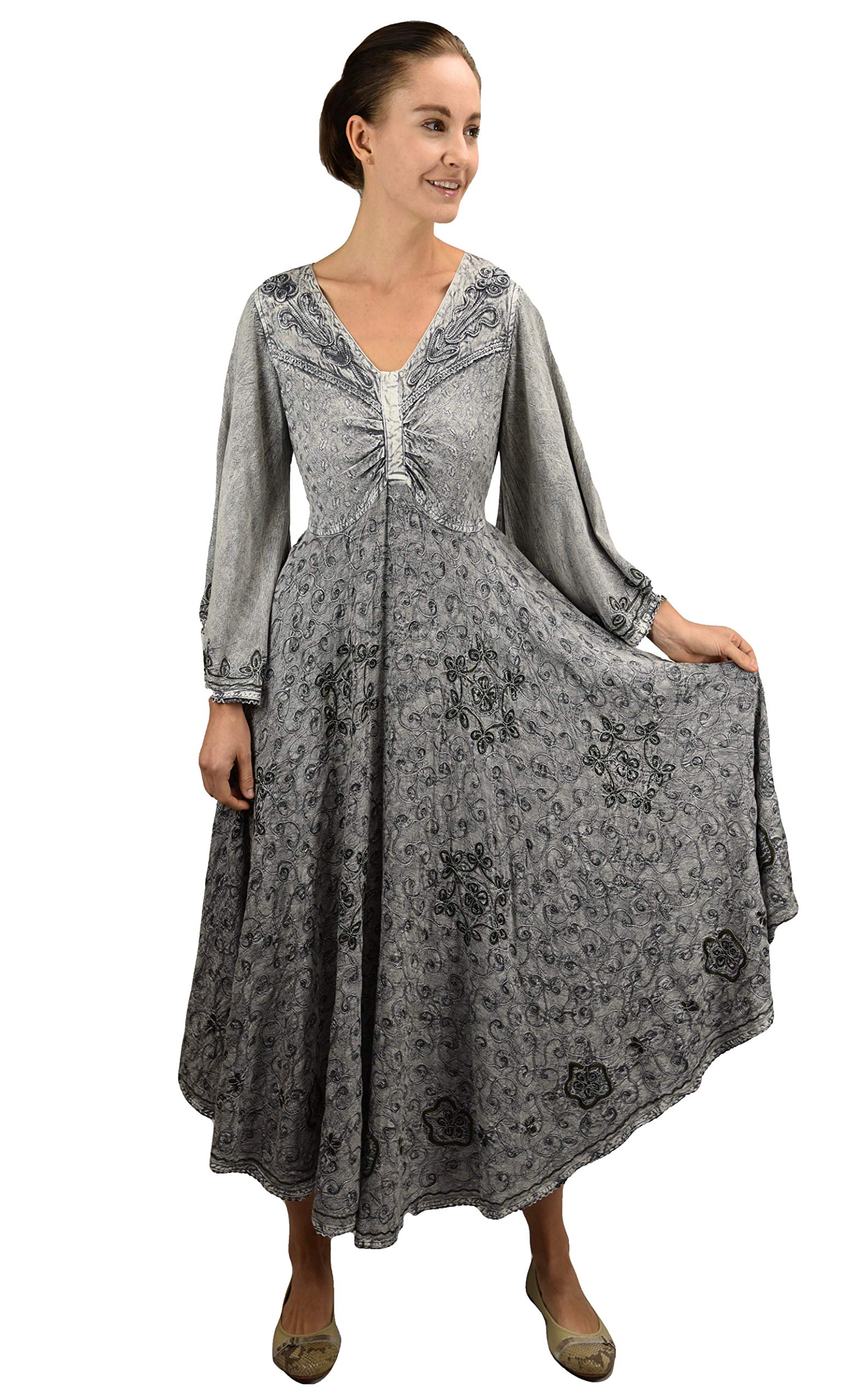 Elegant Agan Traders 206 DR Bohemian Medieval Bell Sleeve Embroidered Flare Hem Formal Dress Gown for Women - Perfect for Renaissance Fairs, Weddings & Special Occasions