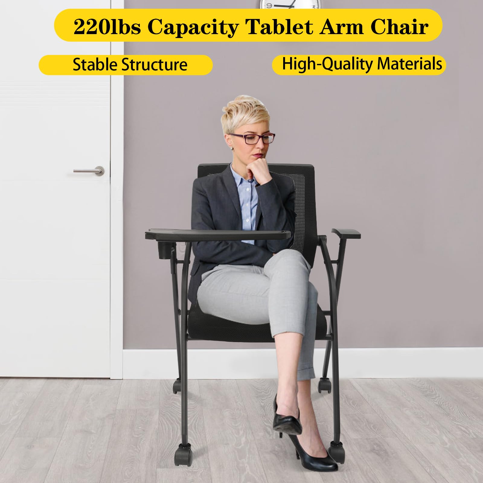 Right-Handed Tablet Arm Chair - 1 Pack Black Mesh Executive Office Chair with Caster Wheels for Conference Rooms, Waiting Areas & Guest Reception - Stackable Ergonomic Desk Chair for Work & Meetings