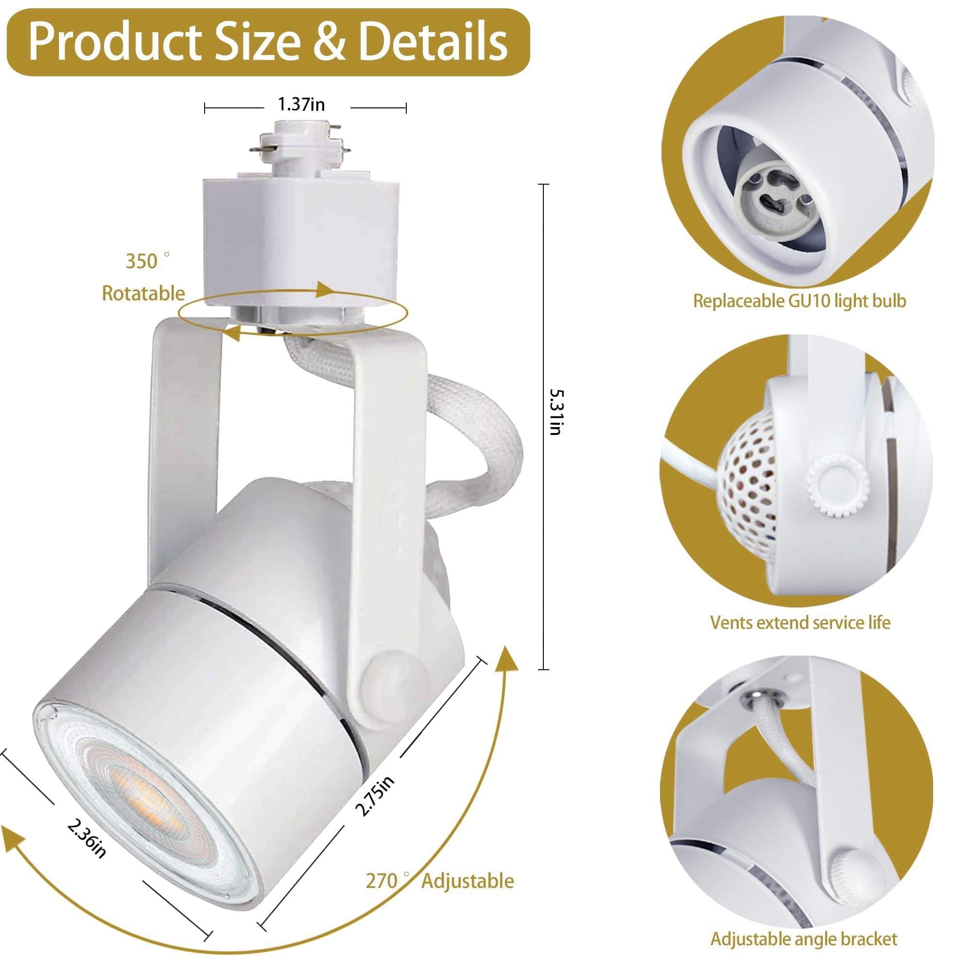 6-Pack LED Track Lighting Heads Kit, 10W GU10 Dimmable Spotlights with 6.56FT H-Type Rails - 6000K Cool White Ceiling Light Fixture for Living Room, Kitchen, Gallery & Retail Stores