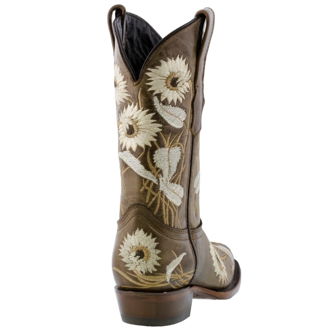 Texas Legacy Women's Light Brown Western Boots with Sunflower Embroidery - Genuine Leather Square Toe Cowgirl Boots for Country Dancing, Rodeo & Casual Wear