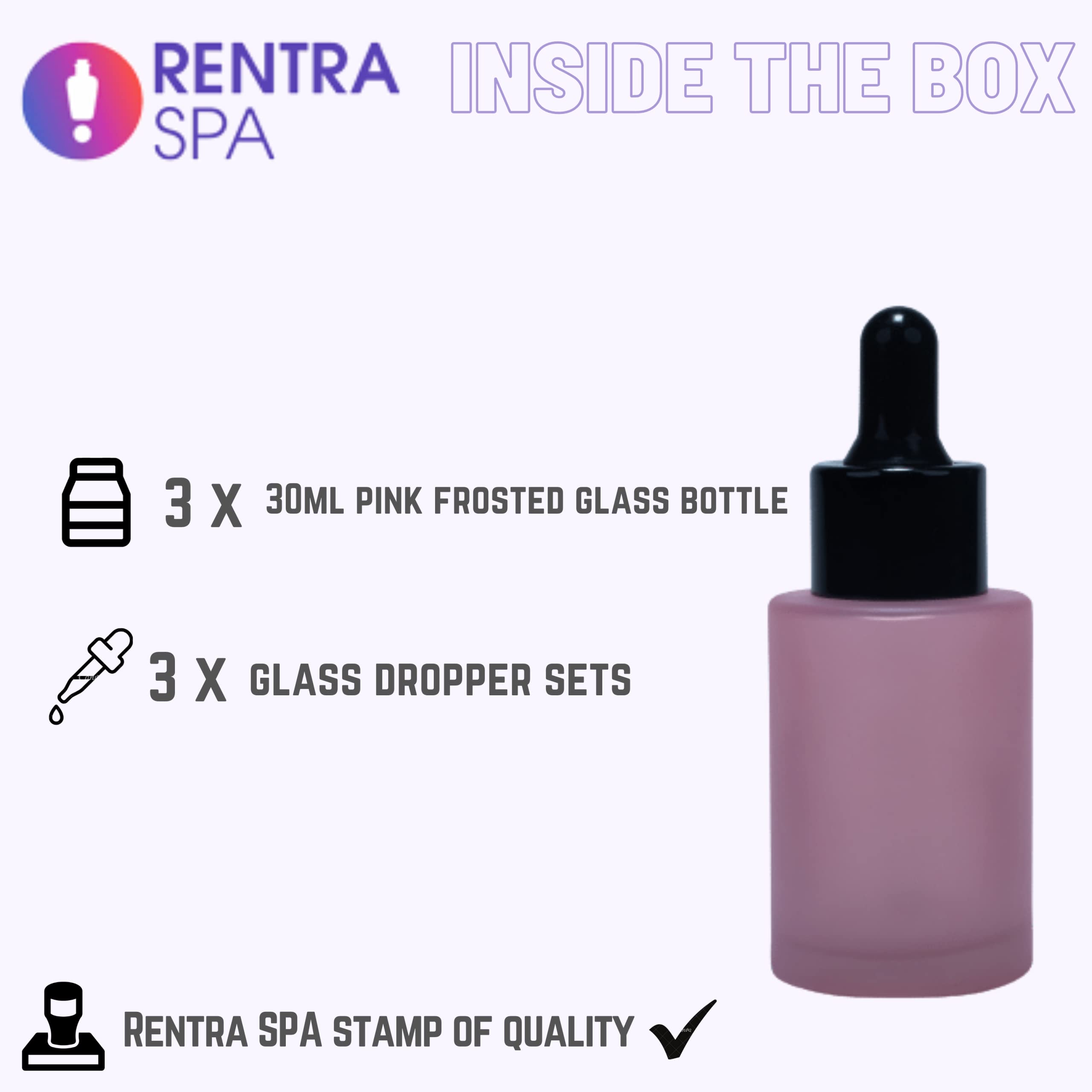 Rentra S.P.A 30ml Pink Frosted Glass Bottle with Glass Dropper, Black Ring & Silicone Teat - 3 Pack for Essential Oils, Carrier Oils, Cosmetic Serums & DIY Blends | Perfect for Aromatherapy, Skincare & Travel Use