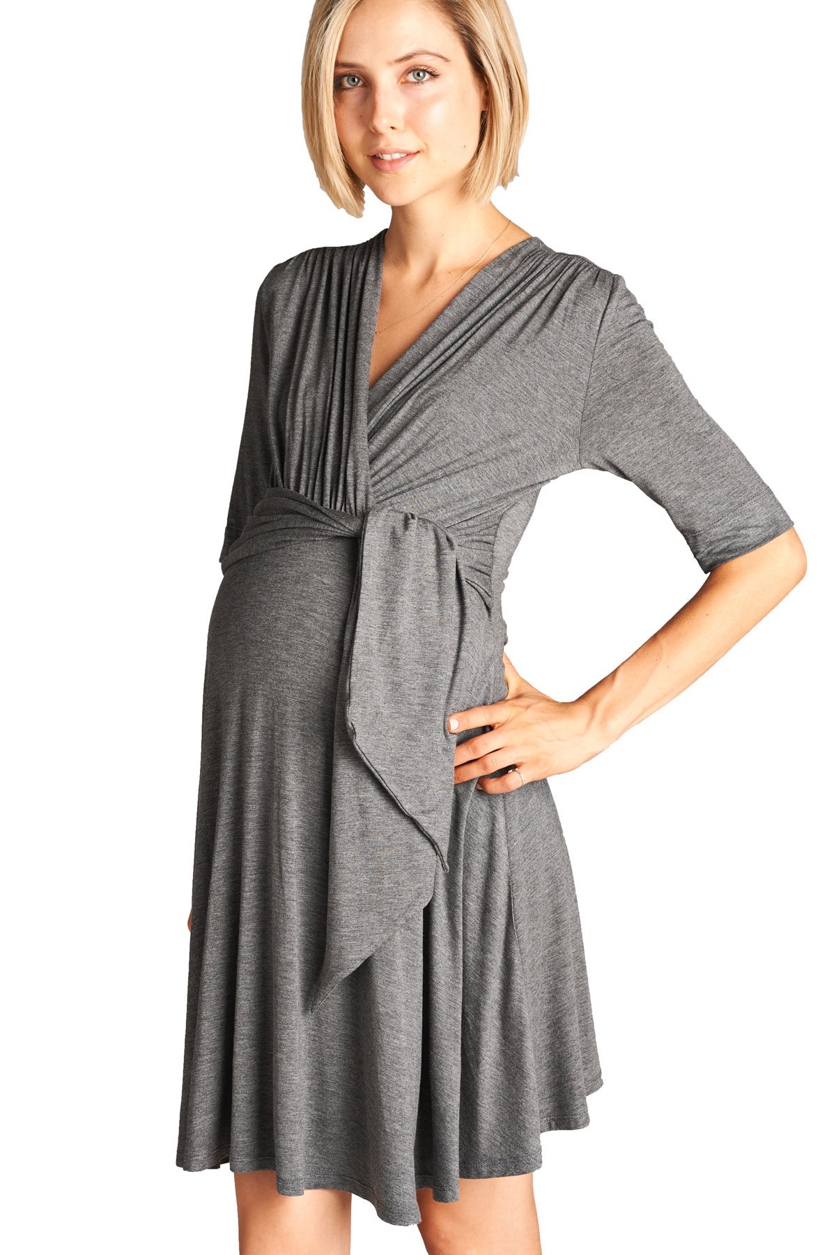 LaClef Women's Maternity Wrap Dress with Adjustable Tie Waist Belt - Flattering Pregnancy Dress for Work, Baby Shower & Special Occasions